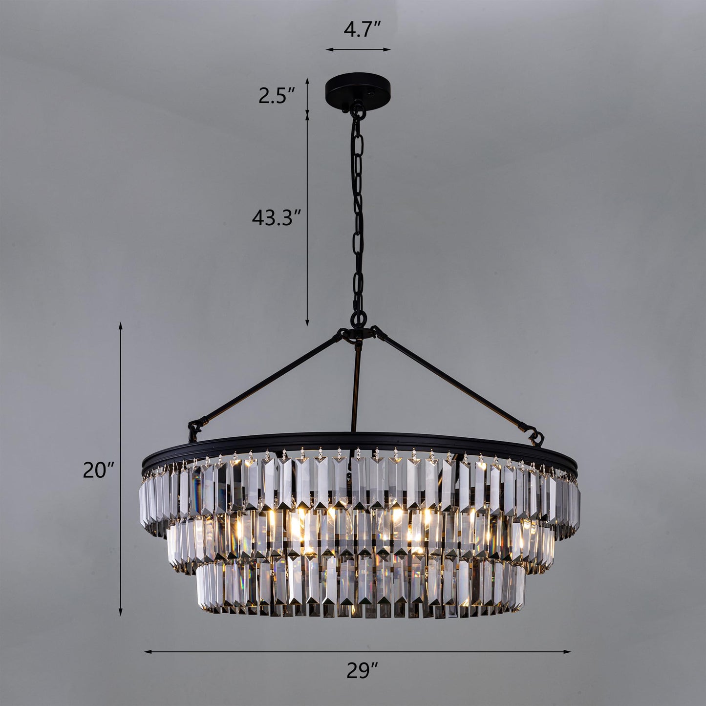 TOCHIC Farmhouse Crystal Chandelier, 29" Black Crystal Dining Living Room Chandelier Light Fixtures, 6 Lights Modern Foyer Hanging Chandeliers for Entryway, Bedroom, Kitchen, Stairway, Smoke Grey