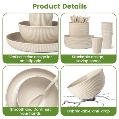36-Piece Reusable Wheat Straw Dinnerware Sets for 6, Farielyn-X Unbreakable Reusable Set Kitchen Cups, Plates, Bowls Sets & Cultery Dishwasher Microwave Safe - Patio, Outdoors, RV, Camping Dishes