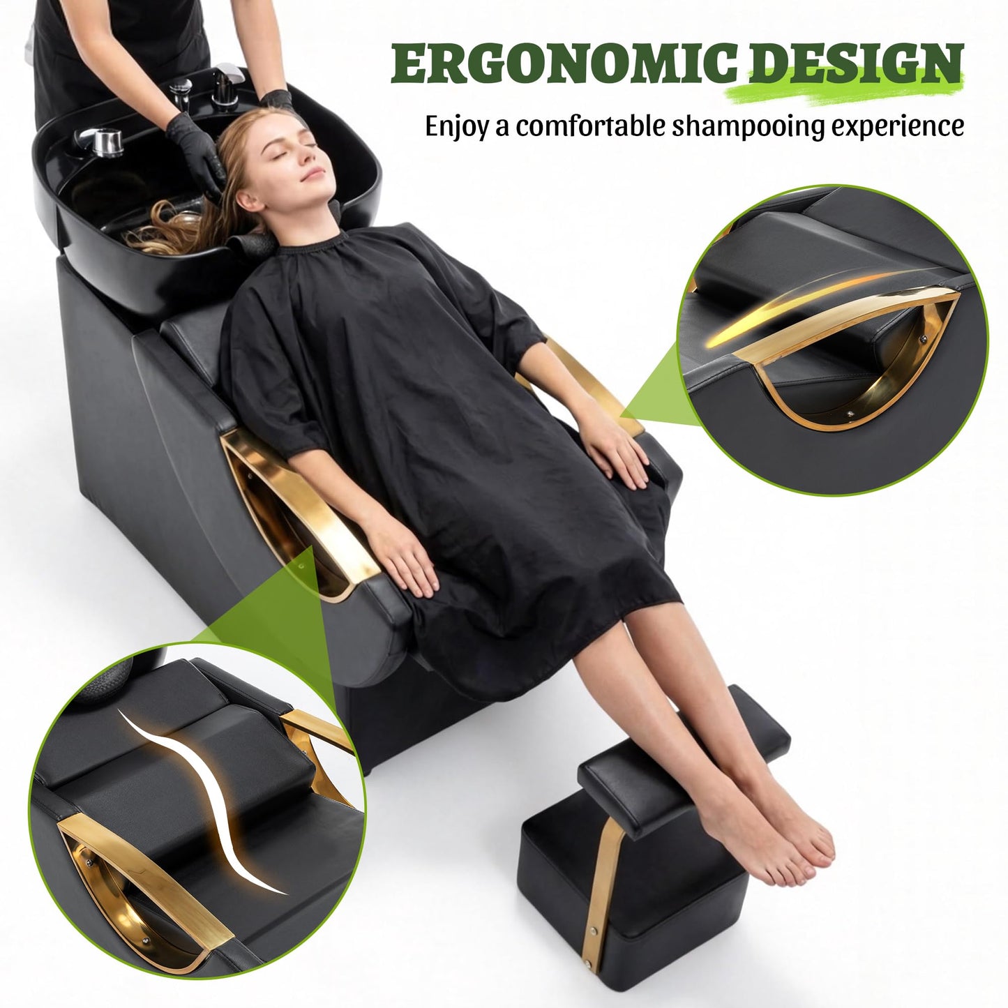 KEIKI Large Shampoo Bowl & Chair Set with Footstool, Black & Gold Barber Backwash Chair, Heavy Duty 300lbs Hair Washing Chair with Deep ABS Basin & Neck Rest for Spa Beauty Stylist