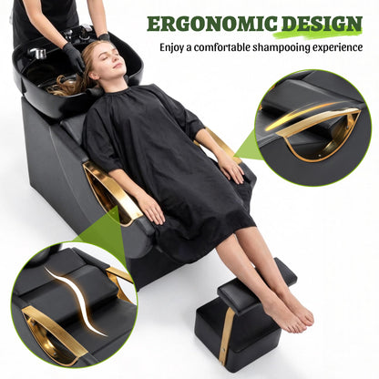 KEIKI Large Shampoo Bowl & Chair Set with Footstool, Black & Gold Barber Backwash Chair, Heavy Duty 300lbs Hair Washing Chair with Deep ABS Basin & Neck Rest for Spa Beauty Stylist