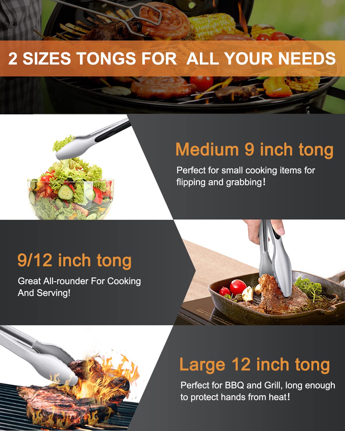 Bnlcd Cooking Tongs with Teeth, Premium Stainless Steel Kitchen Tongs Set of 2-9" and 12", Heavy Duty Locking Metal Food Tongs with Non-Slip Grip - Black