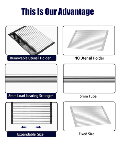 CLNGAI Roll Up Dish Drying Rack,Expandable Over The Sink Dish Drainer,Stainless Steel Kitchen Rolling Sink Rack with Utensil Holder,Length Up to 22.3" (Black)