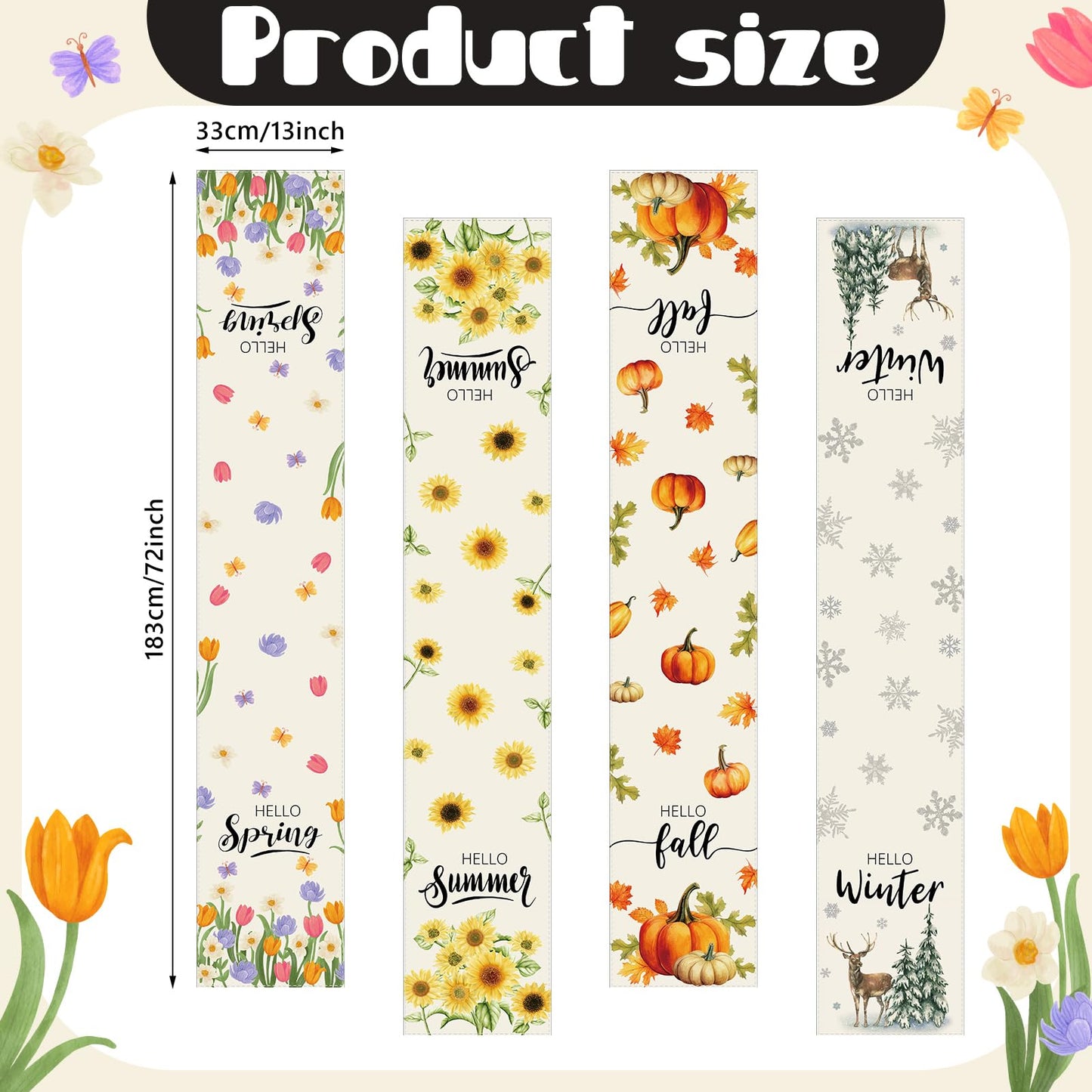 Mindsoft 4 Pcs Hello Winter Christmas Table Runner Seasonal Table Runners 13 x 72 Inch Maple Sunshine Sunflower Decorations Tulip Summer Fall Holiday Kitchen Dining Decoration for Home Party Decor