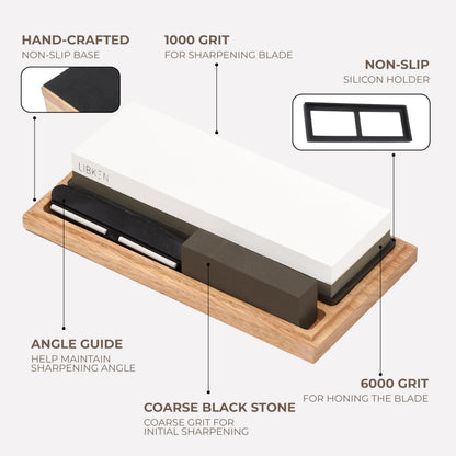 Libken Whetstone Knife Sharpening Stone Kit 1000/6000 Grit with Wooden Box – Wet Stone Sharpener Set for Kitchen Knives, BBQ, Hunting, Pocket, Scissor, Blade, Razor – Angle Guide & Flattening Stone