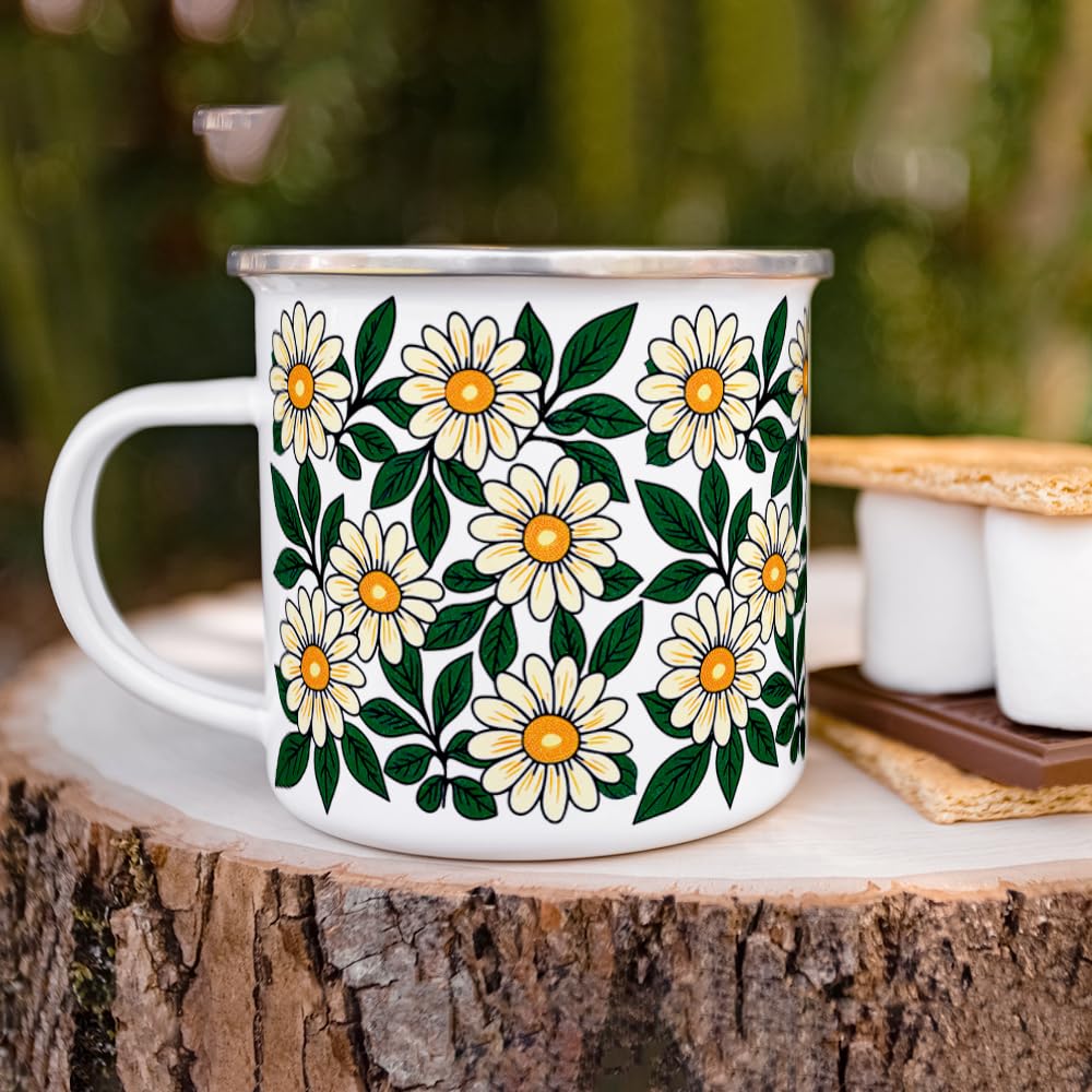 Floral Daisy Enamel Camping Coffee Mug, Nature Botanical Gift Cup for Women, Mom, Daughter (12oz)