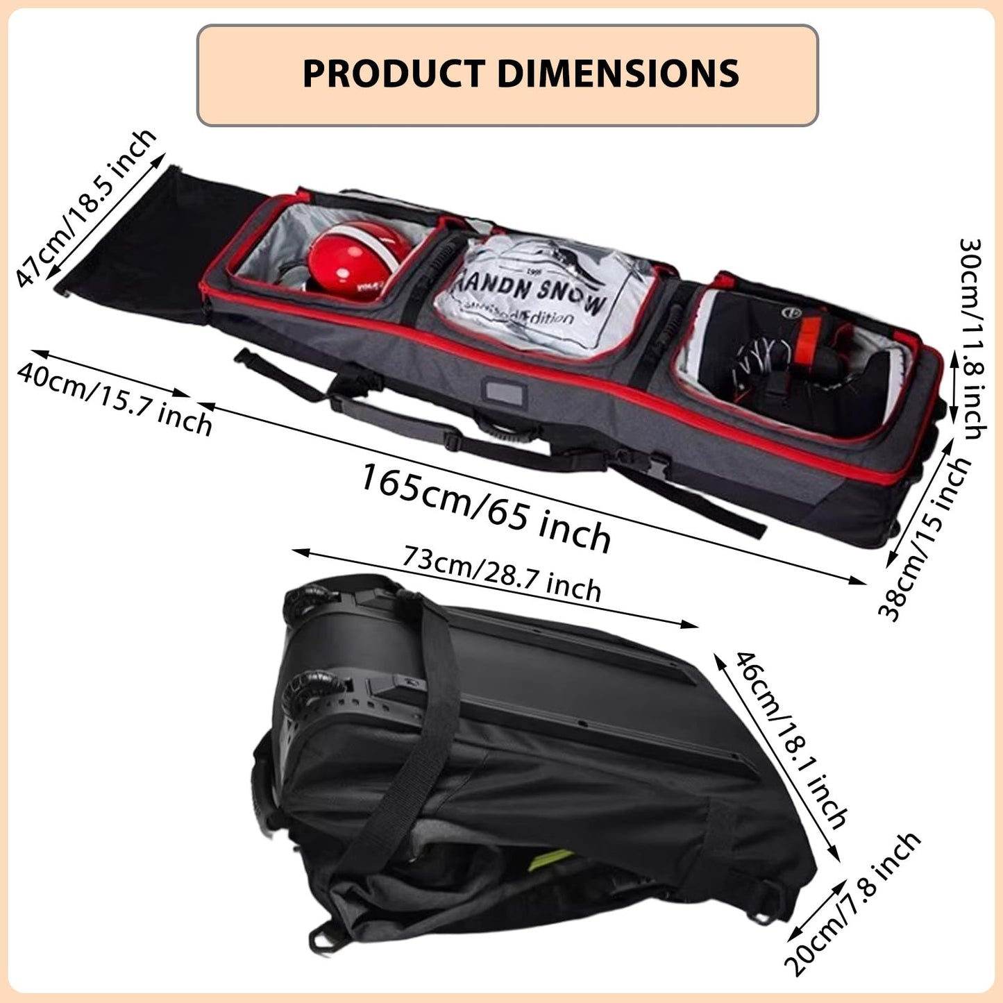 Padded Snowboard Bag with Wheels, Heavy-Duty Wheeled-Ski Travel Bag, Storage Ski Board Boots, Helmet, Jacket for Flying Air Travel, 65 Inch (Extendable to 80.7 Inch),Light Green