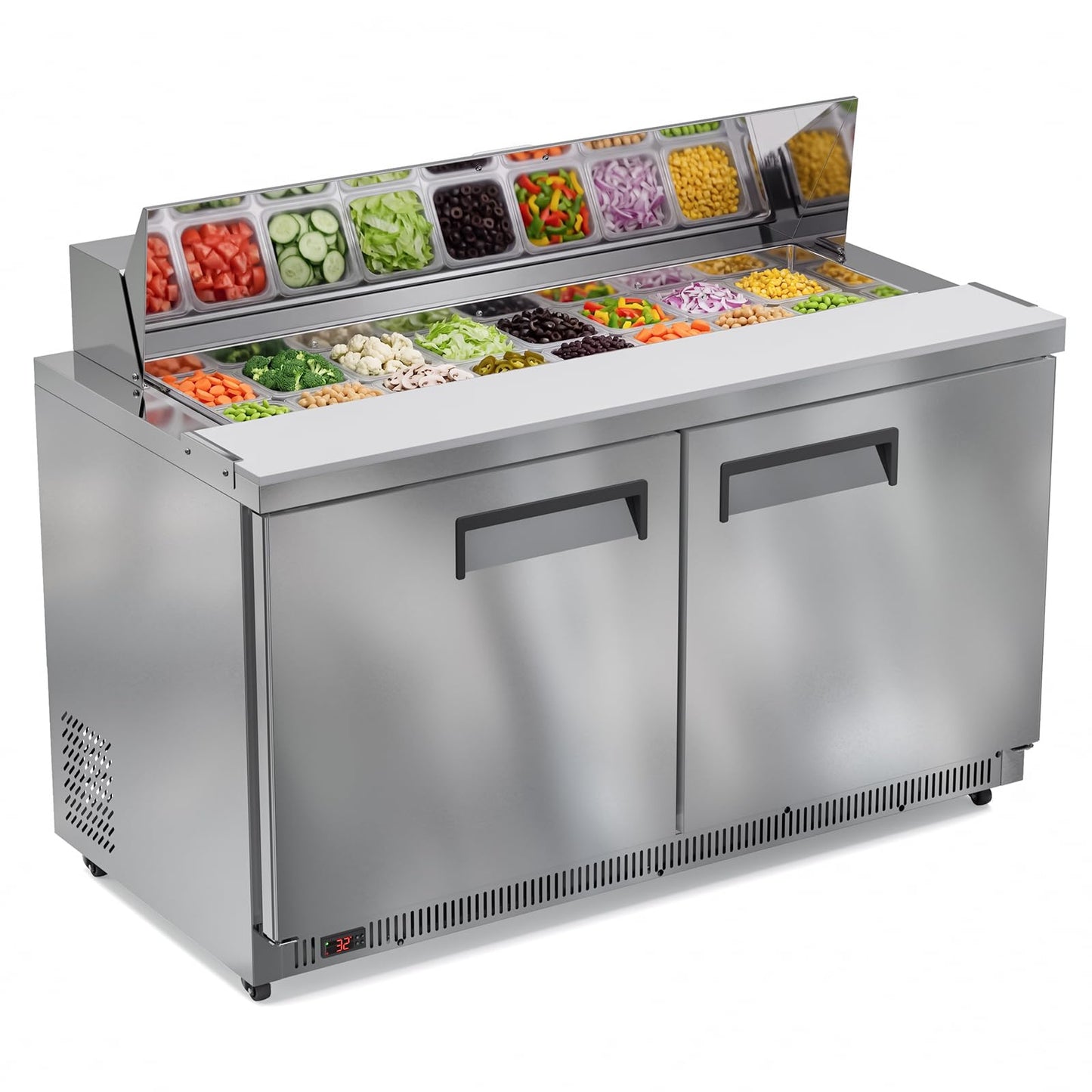 60" Commercial Sandwich & Salad Prep Refrigerator, 16.5 Cu.Ft Prep Table with 16 GN Pans, Stainless Steel Salad Bar Fridge with 60 Inch Cutting Board & Wheels for Restaurant, Catering, Food Truck