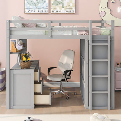 Merax Loft Bed Full Size Adult, Wooden Frame with Desk and Wardrobe, Storage Design with Drawers & Shelf, for Teen Girls & Boys(Grey)