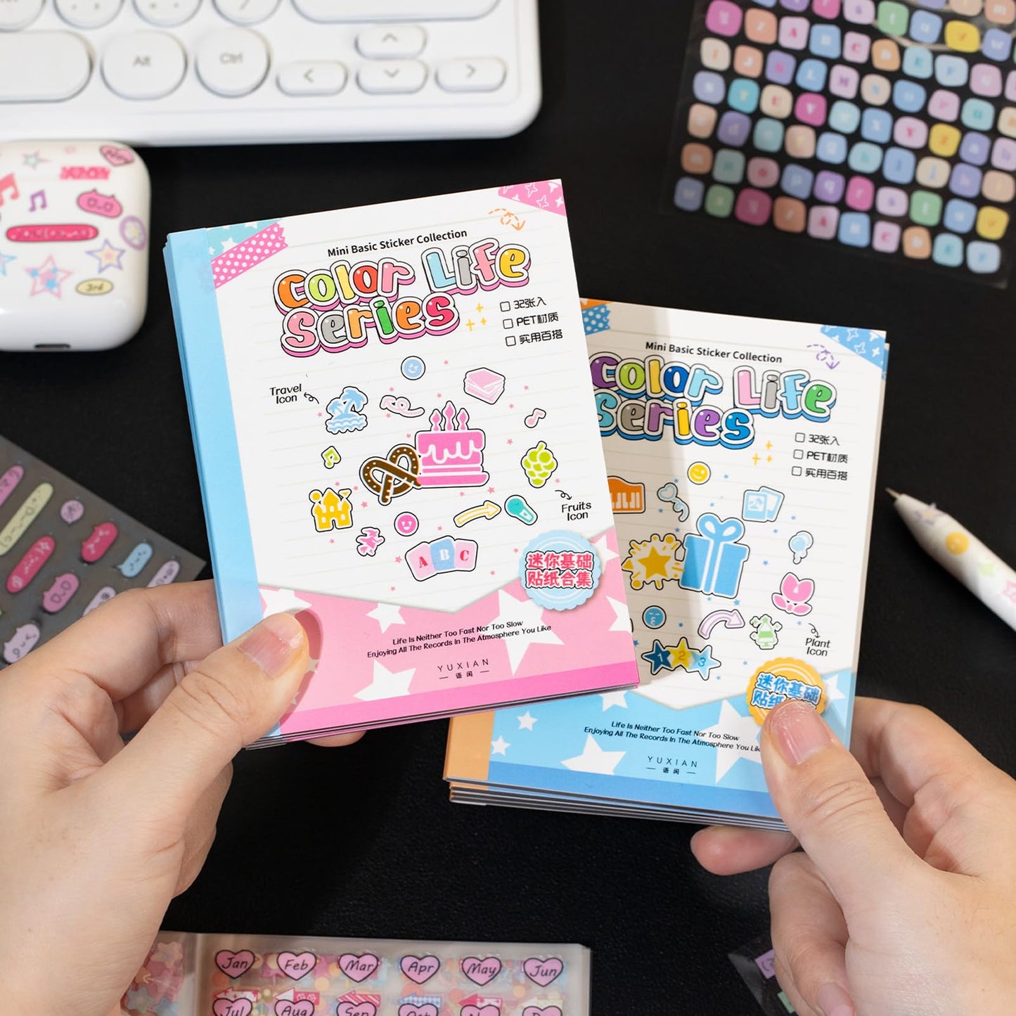 ZHIJIANHZ 64-Sheet Mini Cute Sticker Book Set for Journaling and Scrapbooking, Small PET Stickers with Variety of Shapes, Pink and Blue Color Collection, for Planners and Photocards