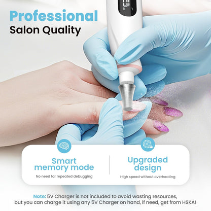 Nail Drill Electric File: HSKAI® 10000RPM Powerful Nail Drill with LCD Display, Cordless Thick Nail Grind Filer for Acrylic Gel Natural Nails Toenails, Manicure & Pedicure Multi-Tool for Home Salon