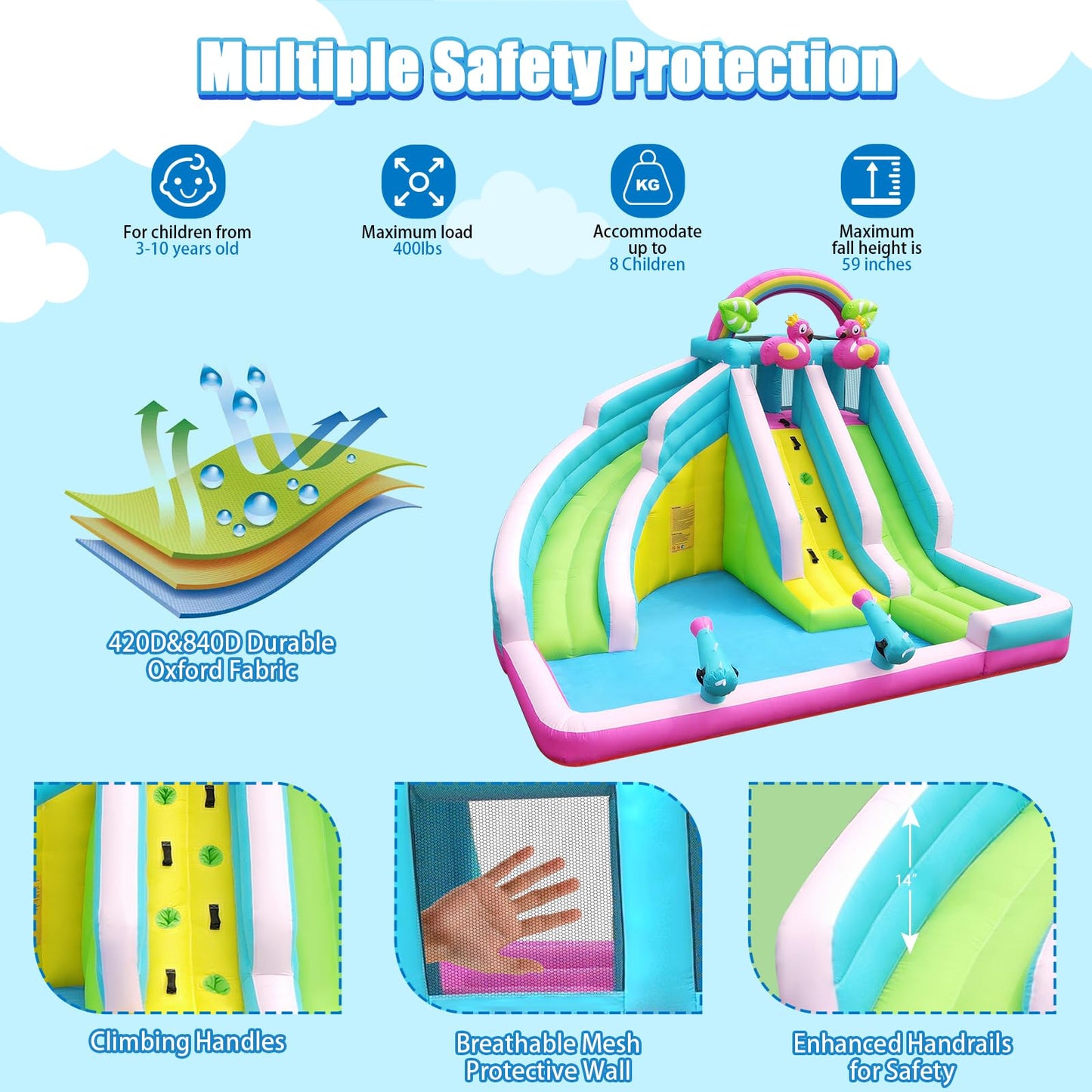 Inflatable Water Slide, 6 in 1 Blow Up Water Park Aged 3-10, Flamingo Style Water Bounce House with Double Long Slides, Splash Pool, 580W Blower Waterslide for Kids and Adults Backyard