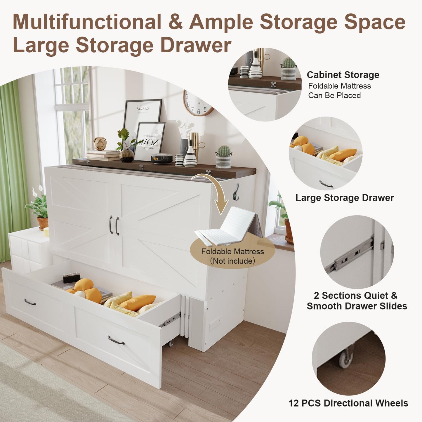 KCGKCG Murphy Bed with Storage & Charging Station, Queen Murphy Cabinet Bed with Large Storage Drawer for Guest Bedroom, Living Room, Office or Small Room, Full Foldable Platform Bed (White, Queen)