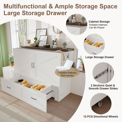 KCGKCG Murphy Bed with Storage & Charging Station, Queen Murphy Cabinet Bed with Large Storage Drawer for Guest Bedroom, Living Room, Office or Small Room, Full Foldable Platform Bed (White, Queen)