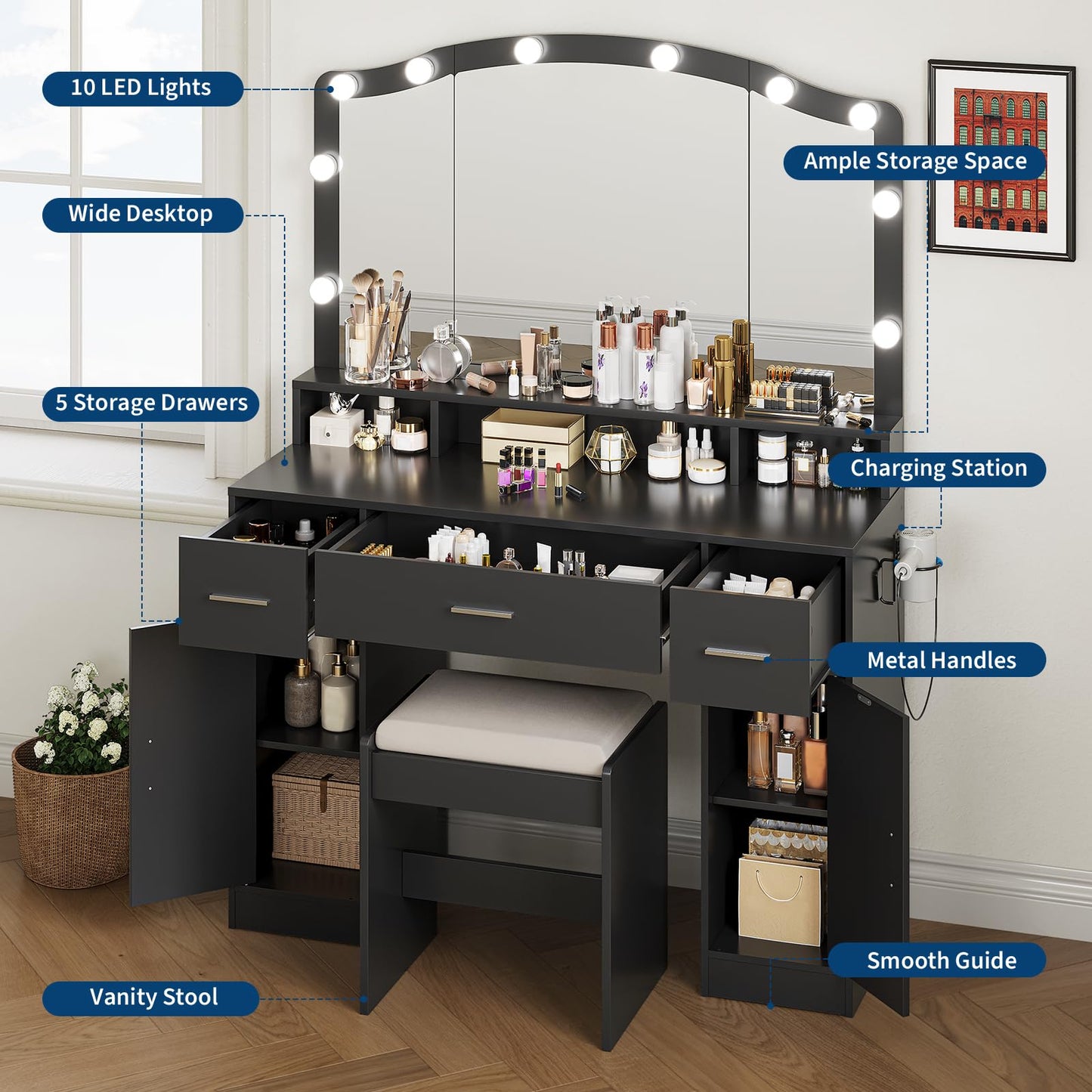 Patikuin Modern Makeup Vanity Table Set with LED Lighted Mirror, 3 Drawers, 2 Cabinets, Charging Ports, Cushioned Stool - Storage Desk for Girls and Women Bedroom or Playroom - Black