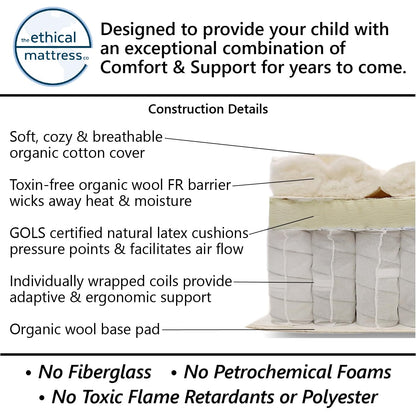 Ethical Mattress CO 6" Kid’s Mattress, Toxin-Free, Made in the USA with Organic Cotton, Wool, Latex & Pocketed Coils (Bed-in-a-Box); Perfect for bunk beds, trundles & Platform beds - Twin Size
