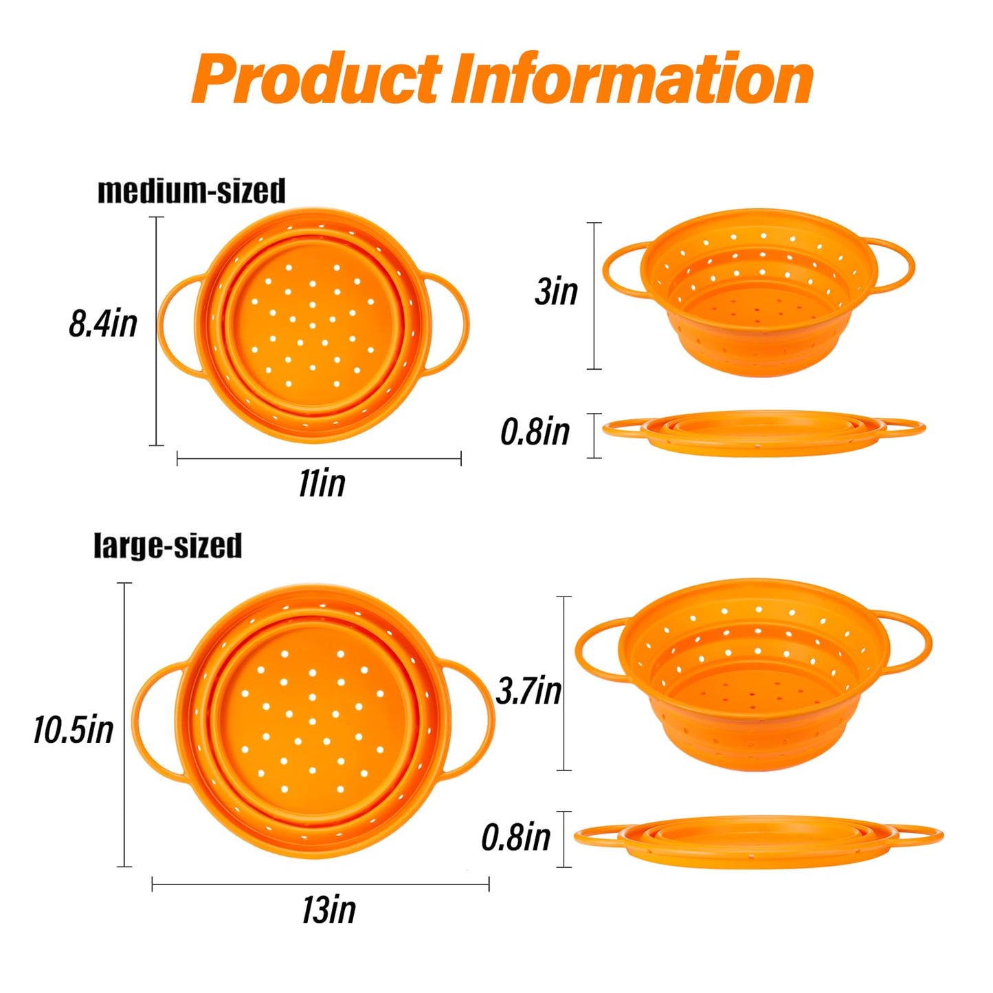 2 Pack Strainers and Colanders, Silicone Collapsible Sink Collander, Strainers and Colanders for Kitchen, Large Drainer for Vegetable, Food, Pasta (Orange)