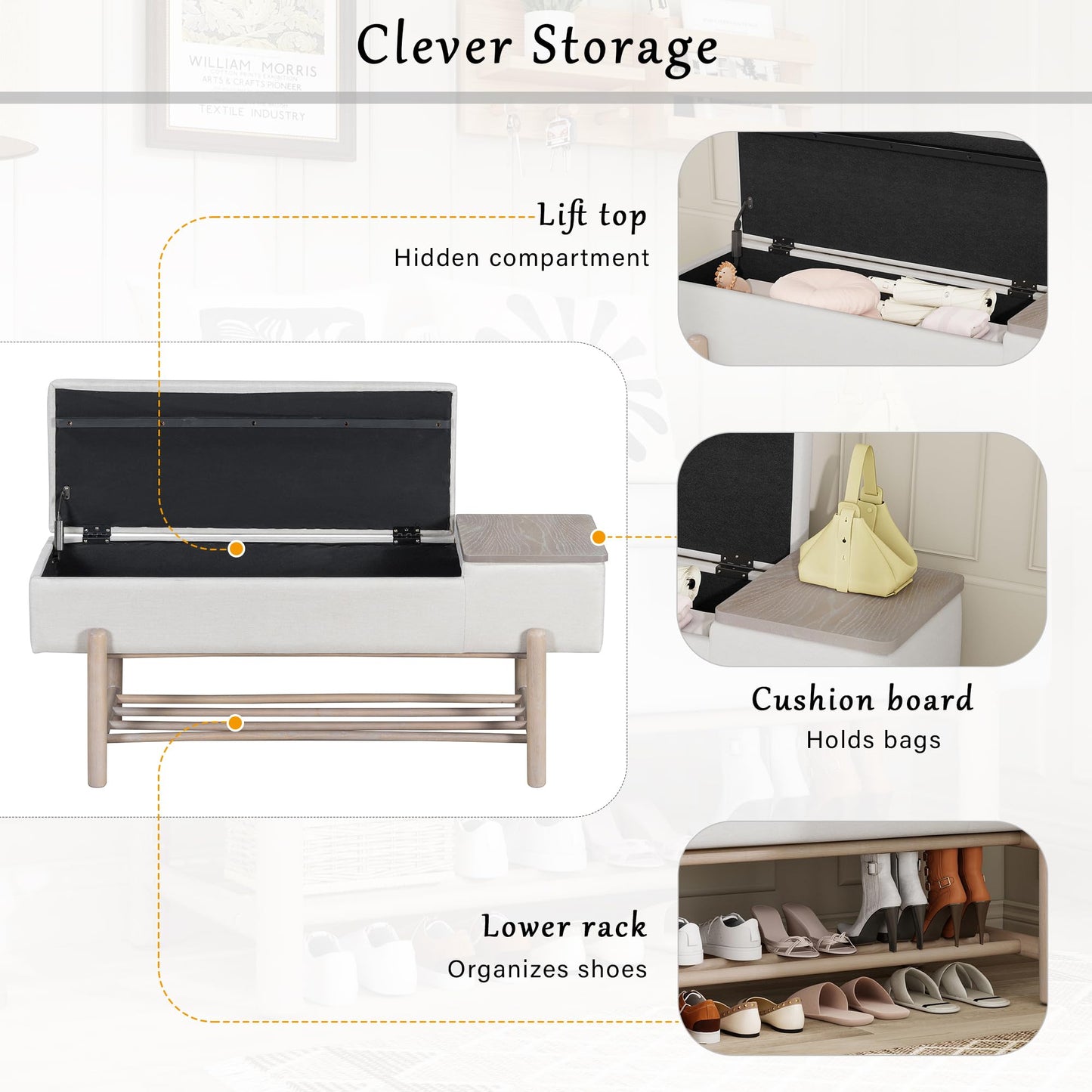 GDFStudio 47.2" Modern Upholstered Shoe Storage Bench with Hidden Compartment and Shoe Rack, Wood Entryway Shoe Organizer Cabinet with Cushion for Bedroom Living Room Hallway, Natural