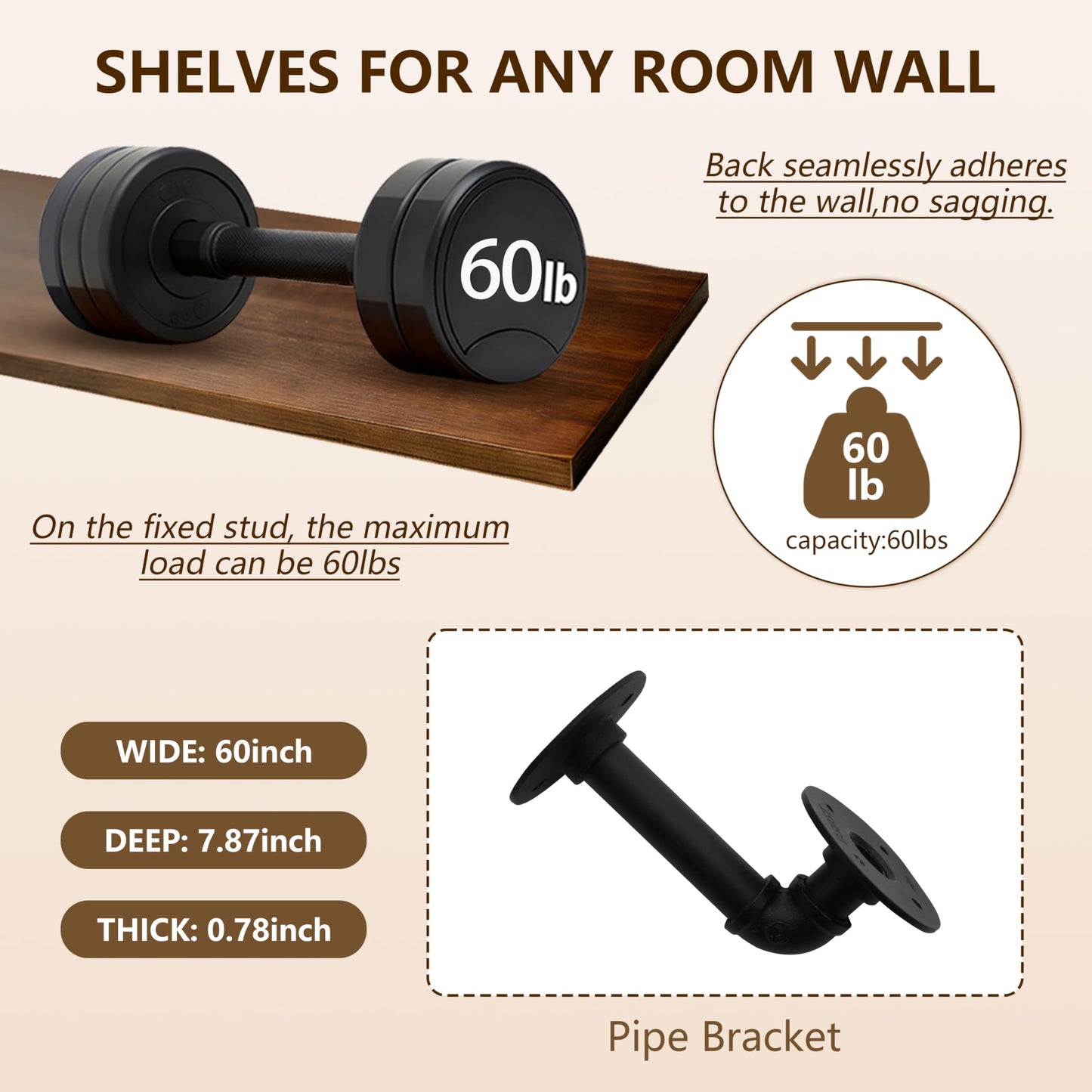 IEO Industrial Pipe Shelving Shelf,Wall Shelves Wood Shelf:Kitchen Shelves, 60 Inches Wood Long Floating Shelves for Wall Farmhouse Pipe Book Shelves Dark Brown for Decor and Bar Shelving
