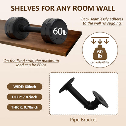IEO Industrial Pipe Shelving Shelf,Wall Shelves Wood Shelf:Kitchen Shelves, 60 Inches Wood Long Floating Shelves for Wall Farmhouse Pipe Book Shelves Dark Brown for Decor and Bar Shelving