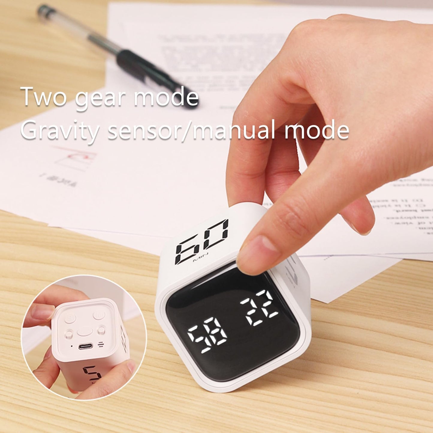 Teknoluzor Digital Cube Pomodoro Timer Desk Rechargeable Productivity Timer 5/10/30/60min & Custom Countdown, Vibration & Adjustable Sound Alarm,for Task Work Kitchen ADHD Kids Studying (Black)