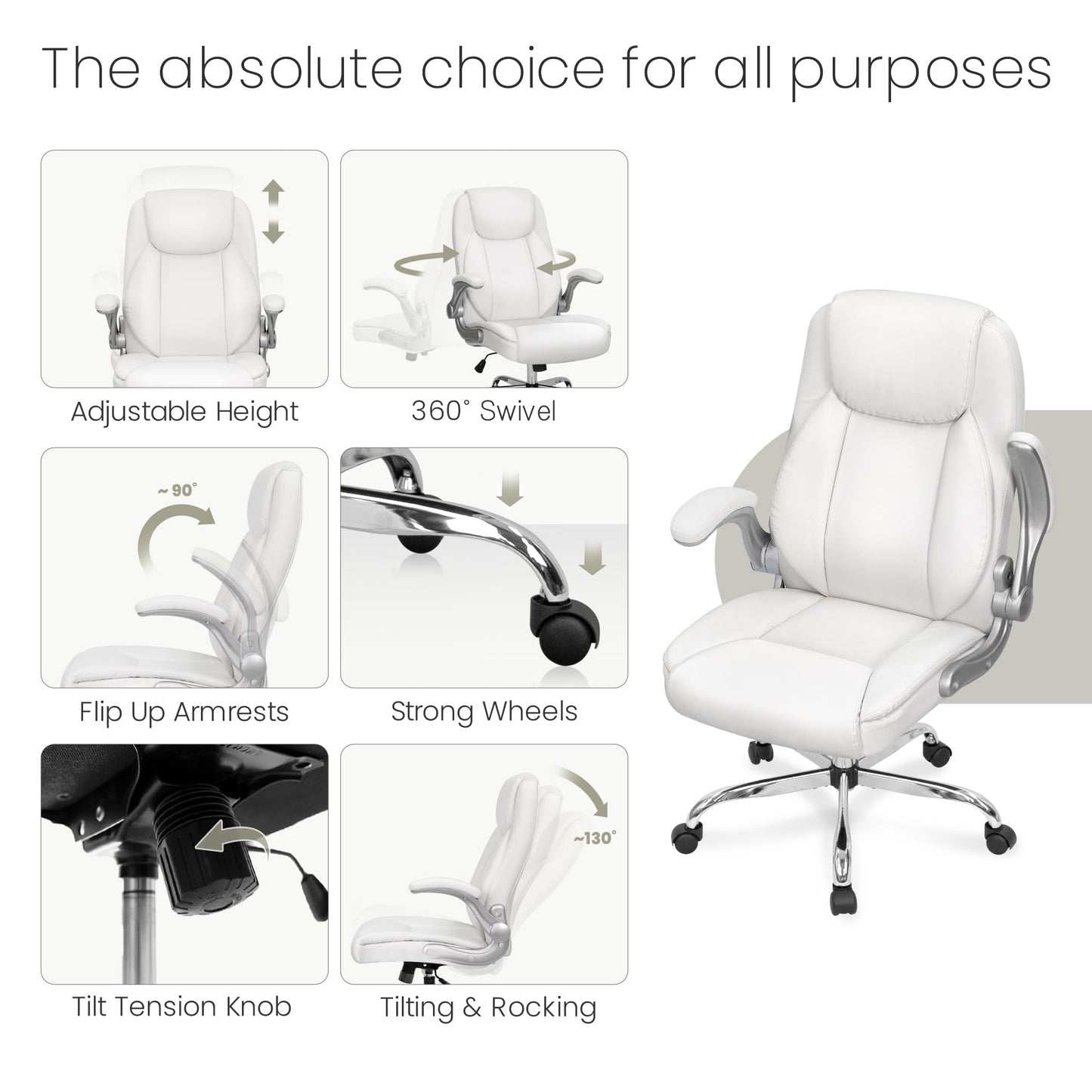 NEO CHAIR Ergonomic Office Desk Gaming Computer Chair Executive High Back Support Flip-up Arms Adjustable Height Swivel Rolling Wheels Comfy PU Leather for Home (White)