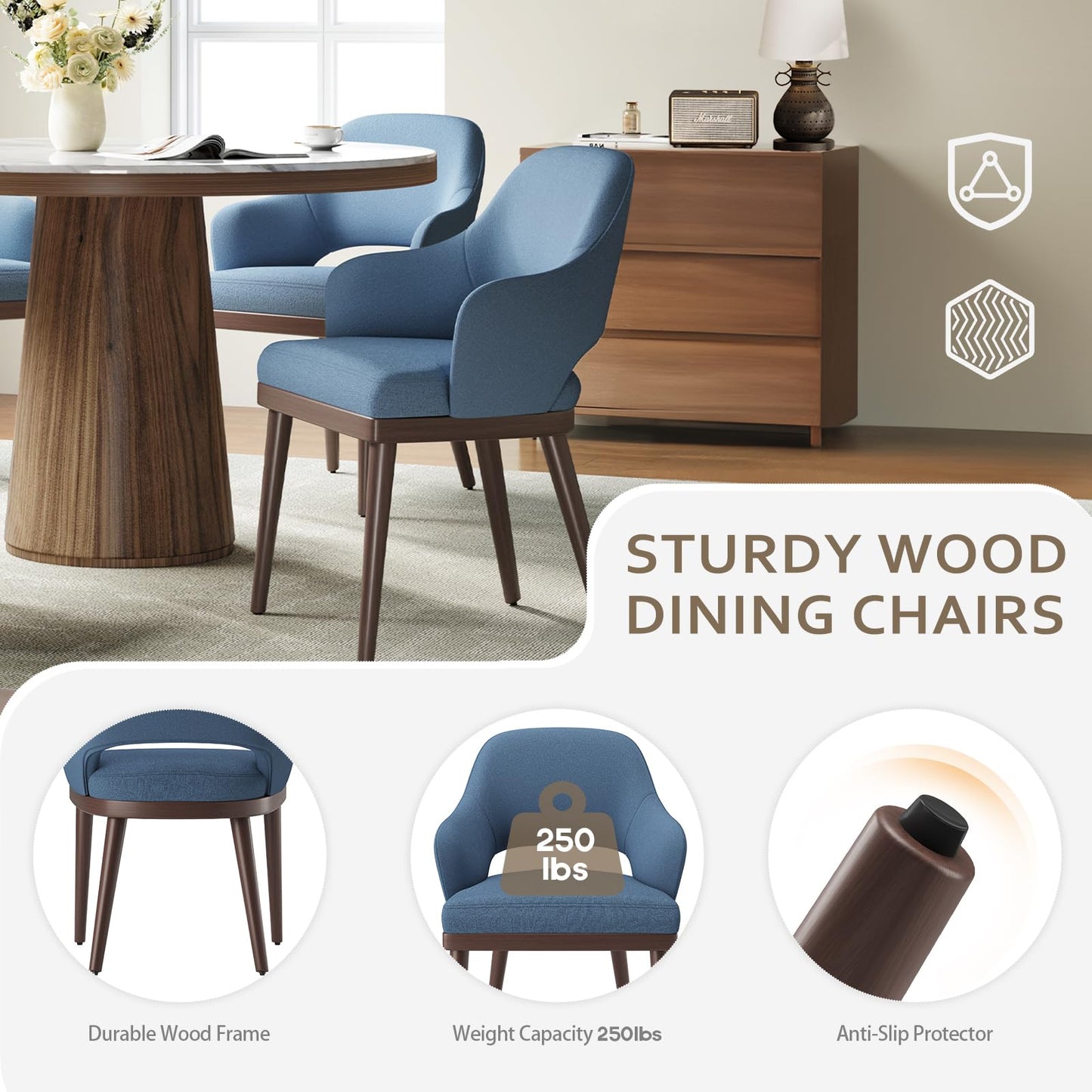 MALOL Wooden Dining Chairs Set of 6, Modern Fabric Upholstered Dining Room Chair, Kitchen Side Chairs, Farmhouse Dinner Chair with Open Back for Kitchen, Blue