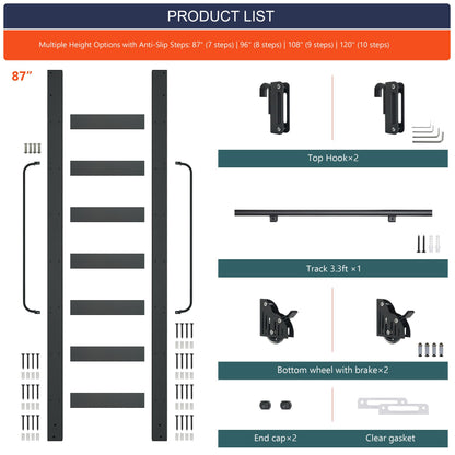 HARDJULAN 87" Telescopic Sliding Library Ladder with Handrail – Lightweight Aluminum Rolling Ladder with Braking Wheels, 3.3FT Hook Ladder Track Kit for Home, Loft, and Bookshelves