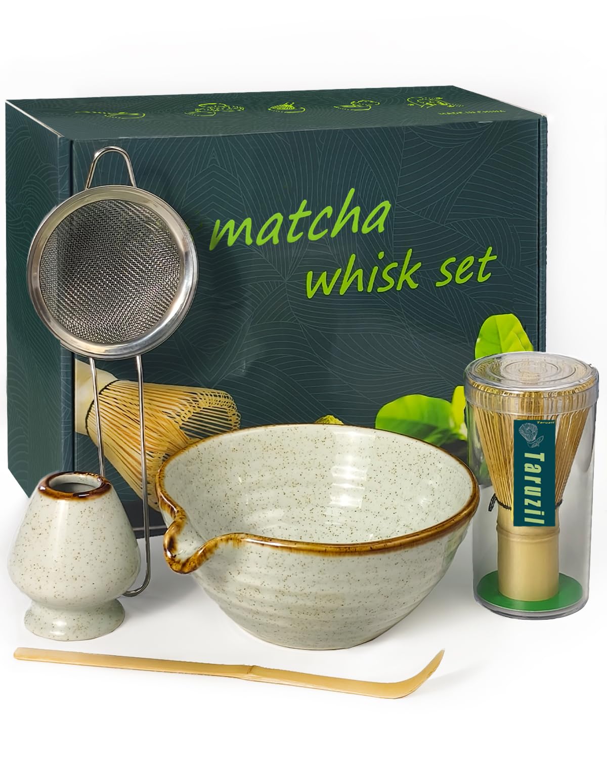 Taruzil Matcha Whisk Set with Matcha Bowl, Matcha Bamboo Whisk, Scoop, Sifter, Matcha Whisk Holder Unique Gifts for Women Mom Her Girl Friend Home Kitchen Decor Gifts for Christmas, Birthday