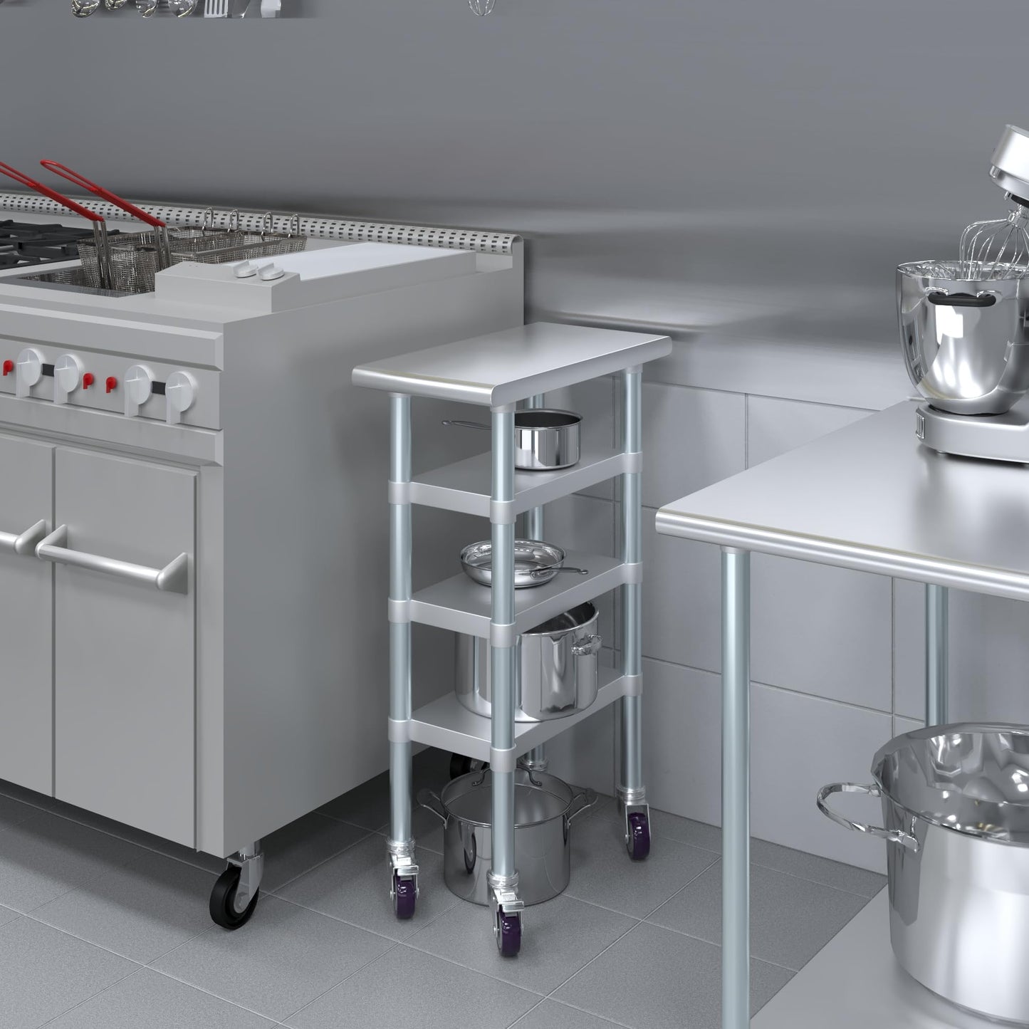 AmGood Stainless Steel Work Table with 3 Shelves and Wheels | Metal Utility Table | Commercial & Residential NSF Utility Table (12" Long x 24" Deep)