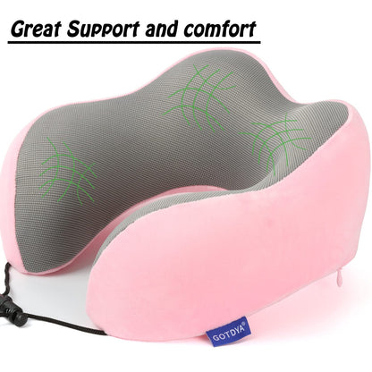 Travel Pillow,Travel Neck Pillows for Sleeping,100% Pure Memory Foam Soft Comfort & Support Pillow for Airplane/Car/Office&Home Rest Use-Pink