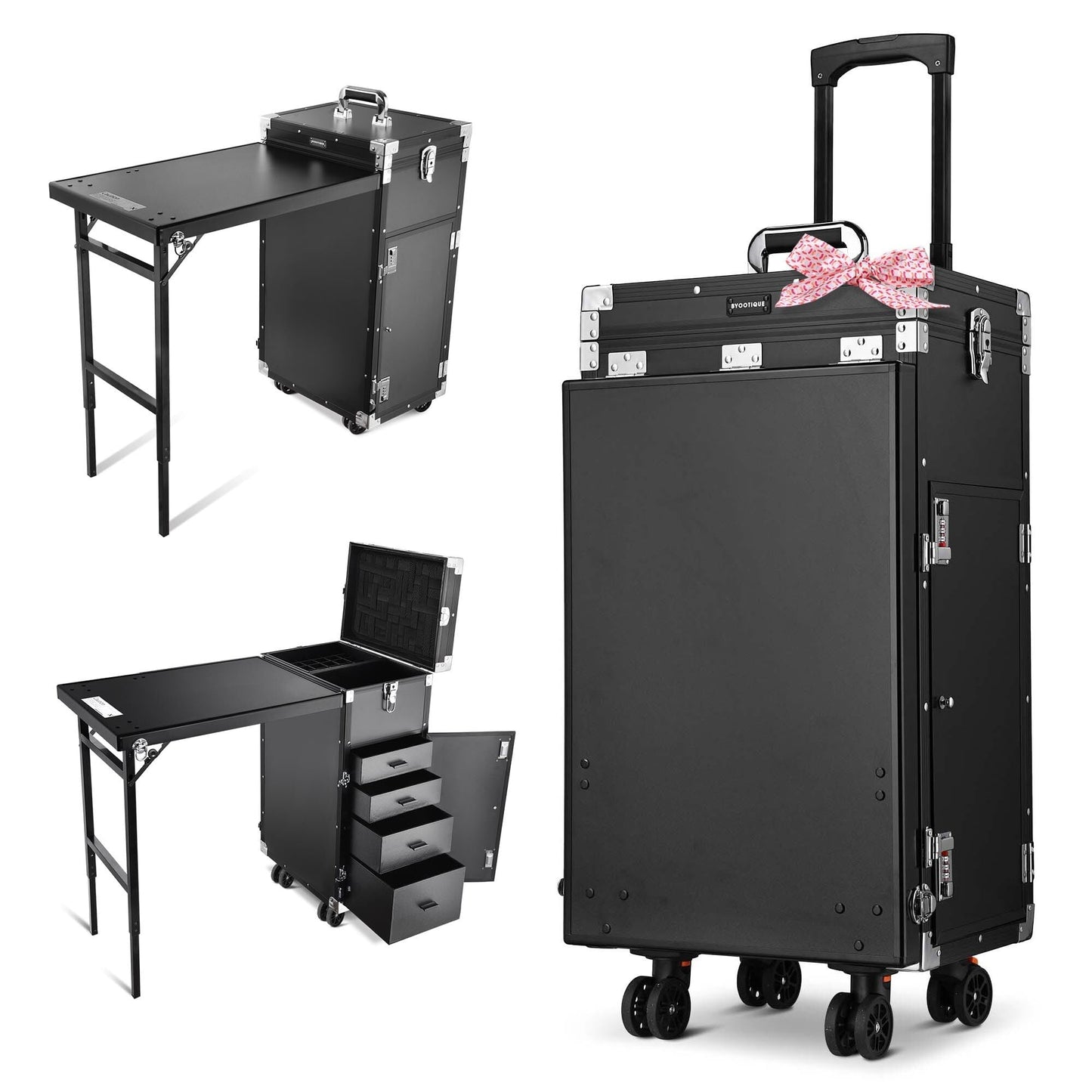 BYOOTIQUE Portable Manicure Table Nail Station Rolling Makeup Case with 4 Drawers Nail Table Storage for Makeup Artist Nail Tech Manicurist, Black, 33" x 16" x 31"