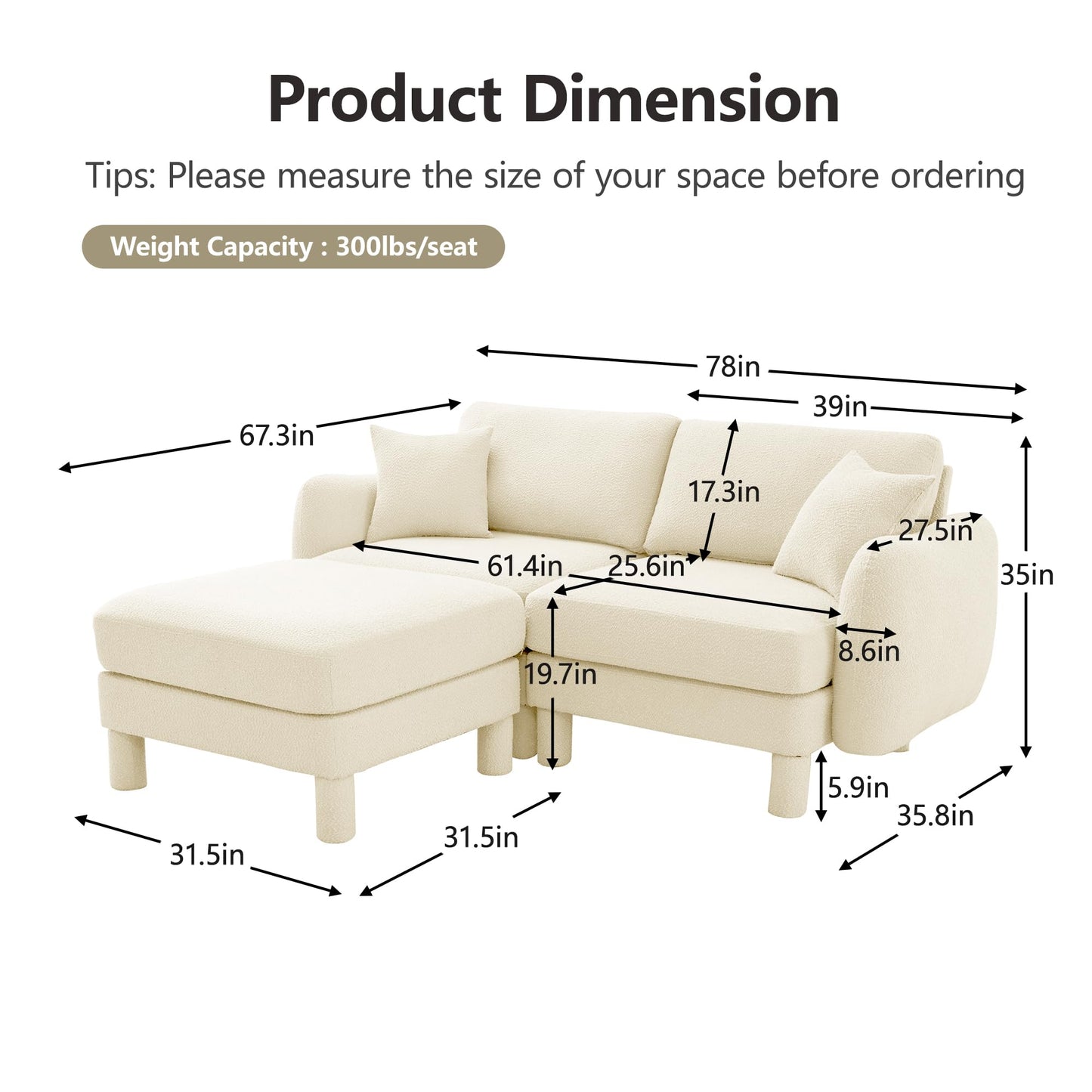 Eafurn 78" Modular Sectional Loveseat Sofa, Comfy L Shaped Sofa Couch, Boucle Chenille Love Seat Modular Sectional Couch with Movable Ottoman for Living Room, Bedroom
