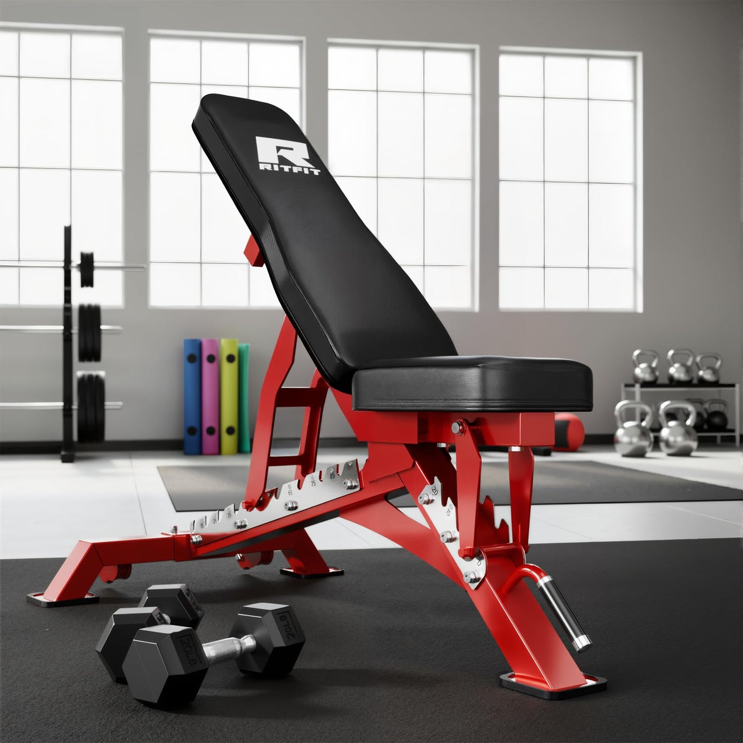 RITFIT Adjustable Weight Bench with Multiple Back Positions for Full Body Workouts, Incline, Decline, and Flat Settings for Home Gym Strength Training, 1300LB Capacity (Red,with 2x5lb rubber dumbbells)