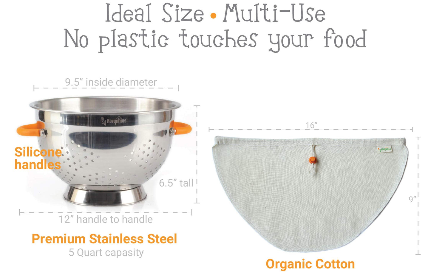 Kleynhuis Greek Yogurt Strainer Set: Stainless Steel Colander & Bowl with Organic Cotton Strainer Pouch | Premium Greek Yogurt Maker, Large 5-Quart Size