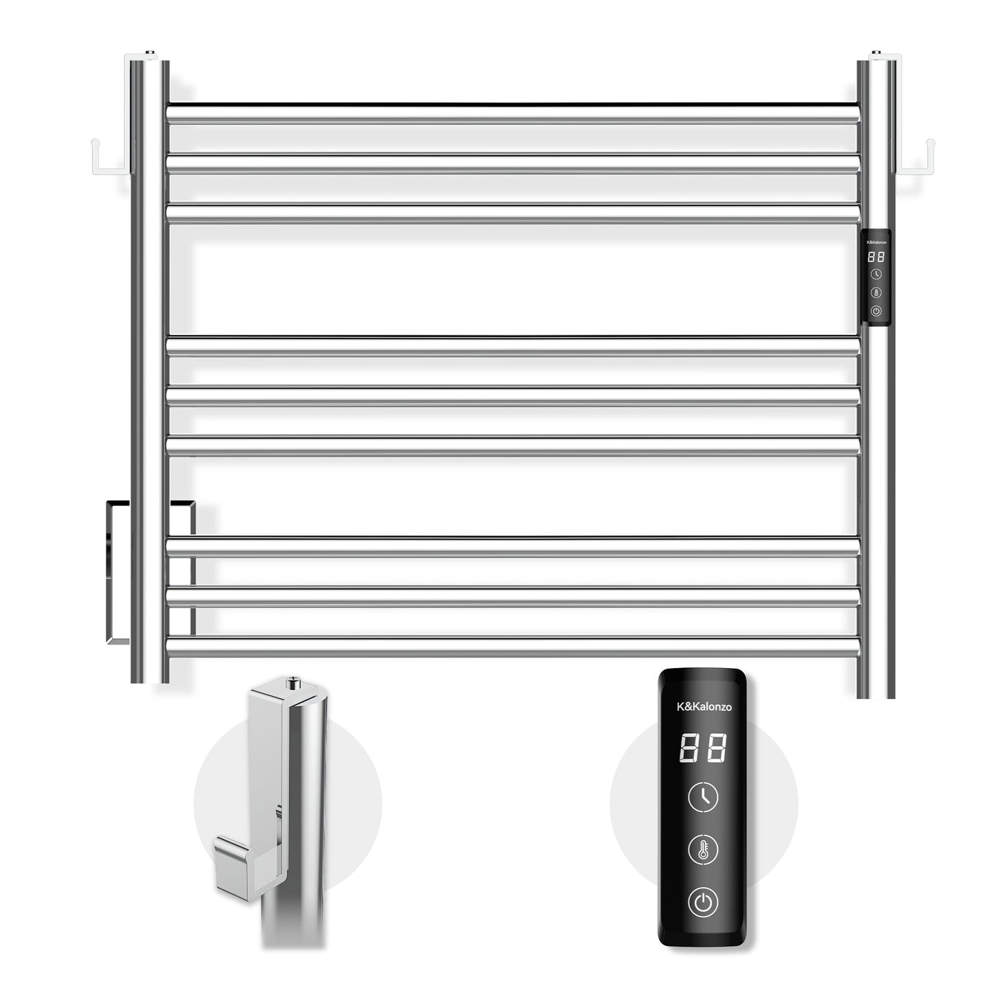 K&KALONZO Towel Warmer for Bathroom, Wall-Mounted 9-Bar Heated Towel Rack with Built-in Timer, Waterproof Electric Towel Heater, Support Plug-in and Hardwired, Polished, EL13S