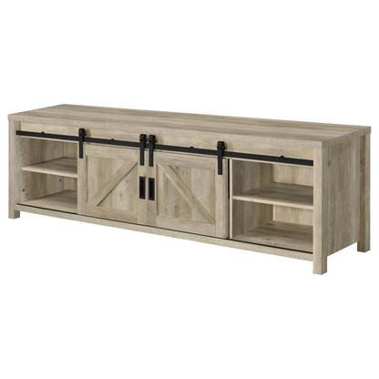 Coaster Home Furnishings - Madra - Engineered Wood - 79-Inch 2-Door TV Stand with Sliding Barn Doors, Open Shelves - Living Room - Distressed Pine - 736263