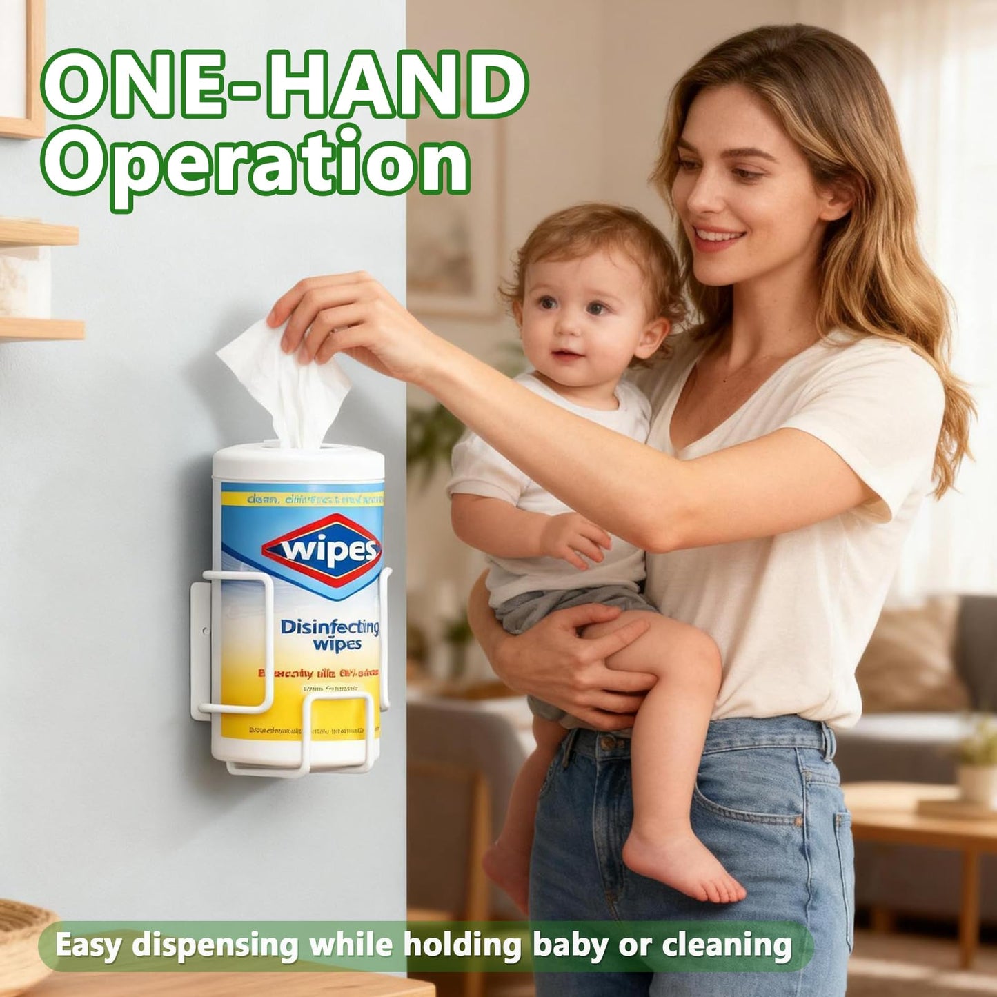 Wall-Mount Wipes Holder, Wipes Dispenser for Surface Cleaning Wipes, 5mm Steel Wire, Easy-Load Design with Strong Adhesive Backing (White, Small)