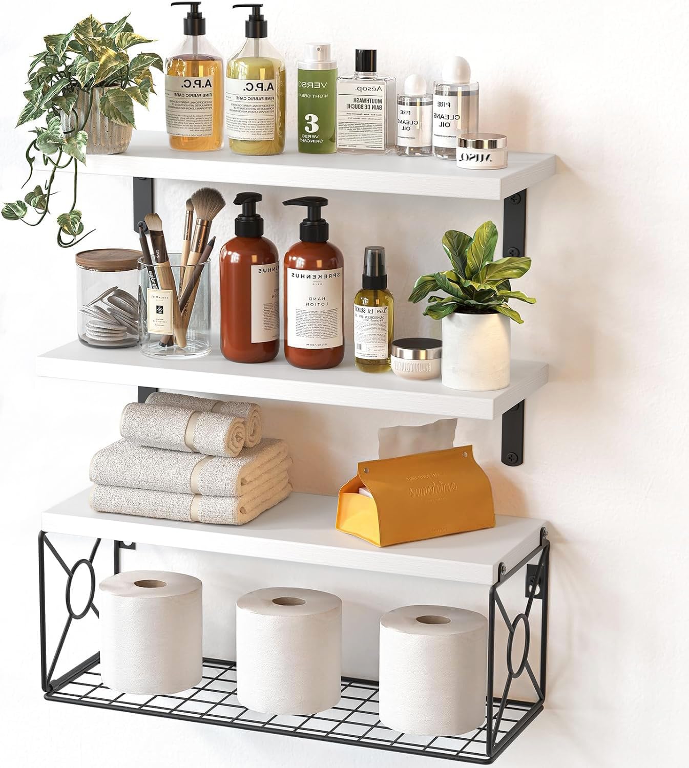 Amada Bathroom Shelves Over Toilet with Storage Basket, Floating Wall Shelves for Home Organization & Wall Decor, Bathroom/Kitchen/Living Room ShelvesBlack