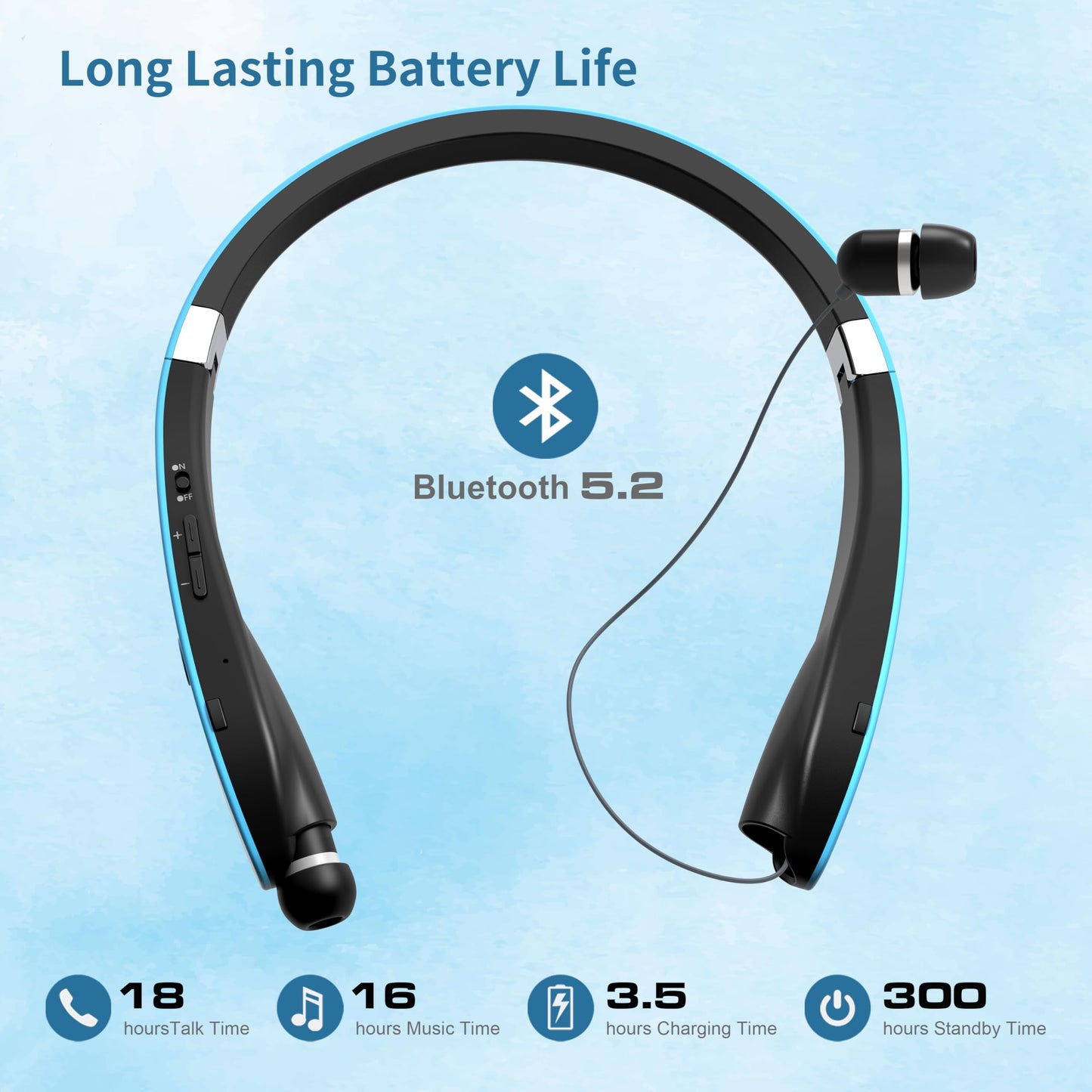 Dpvisn Bluetooth Neckband Headphones, Foldable Wireless Lightweight Neck Headset with Retractable Earbuds, Noise Cancelling Sweatproof Stereo Earphones with Mic & Carrying Case