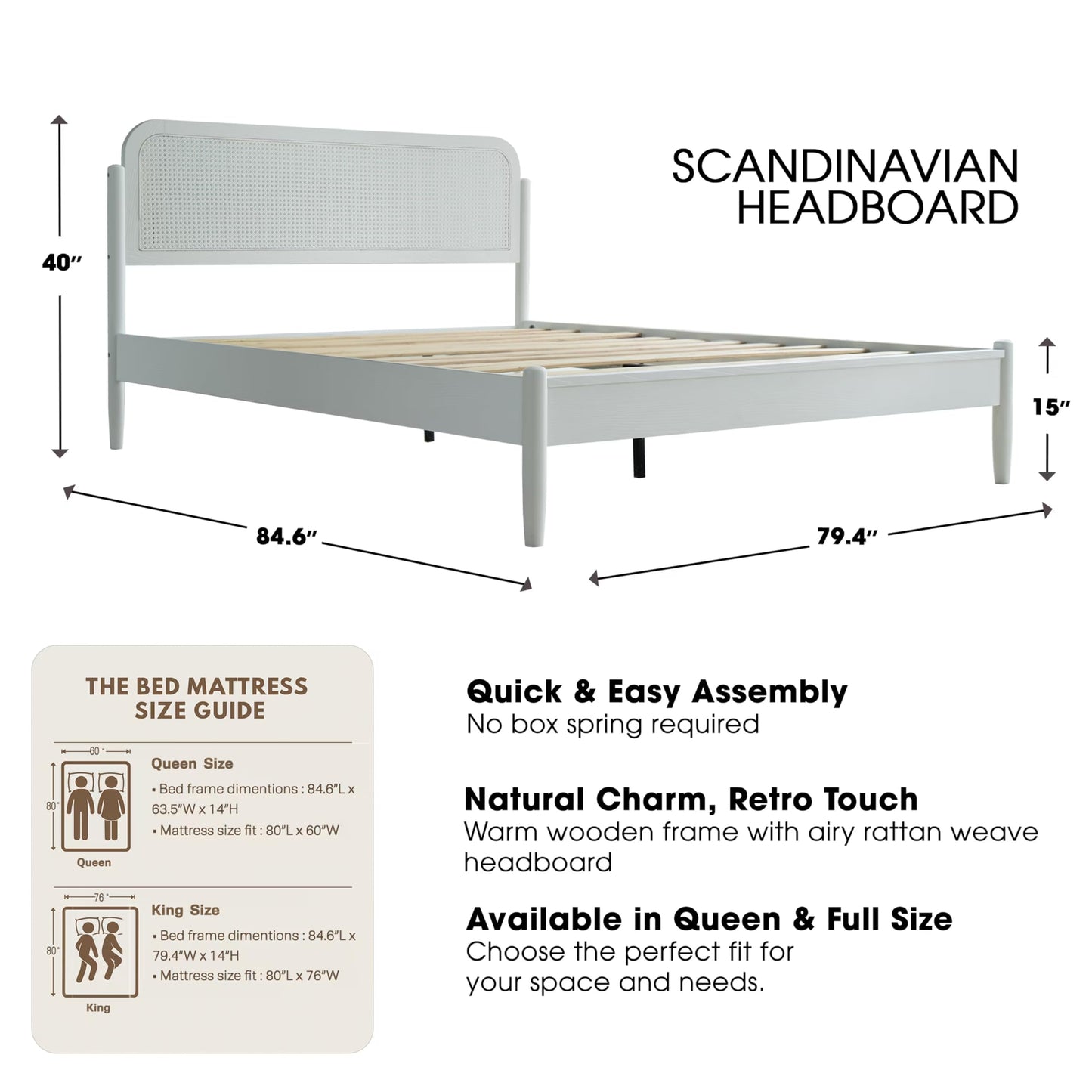 King Size Frame Solid Wood Platform Bed, Headboard & Footboard, 12 Durable Slatted Base, Metal Legs, No Box Spring Needed, Anti-Slip & Noise-Free, Easy Assembly, Pure White Finish JMK-39
