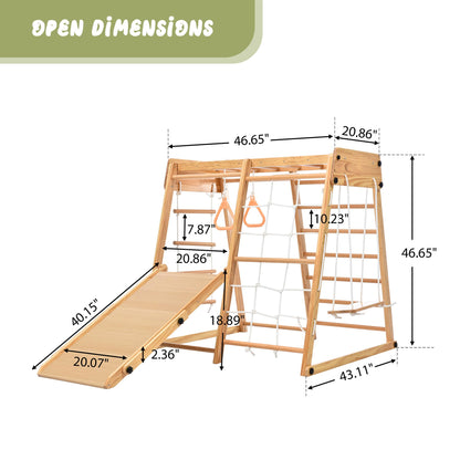 Indoor Playground 8-in-1 Jungle Gym Toddler Climbing Toys with Slides and Play Table Wooden Rock Climbing Ladder with Rope Wall Swing Rings Kids Slides Playset Natural Wood As Shown One Size