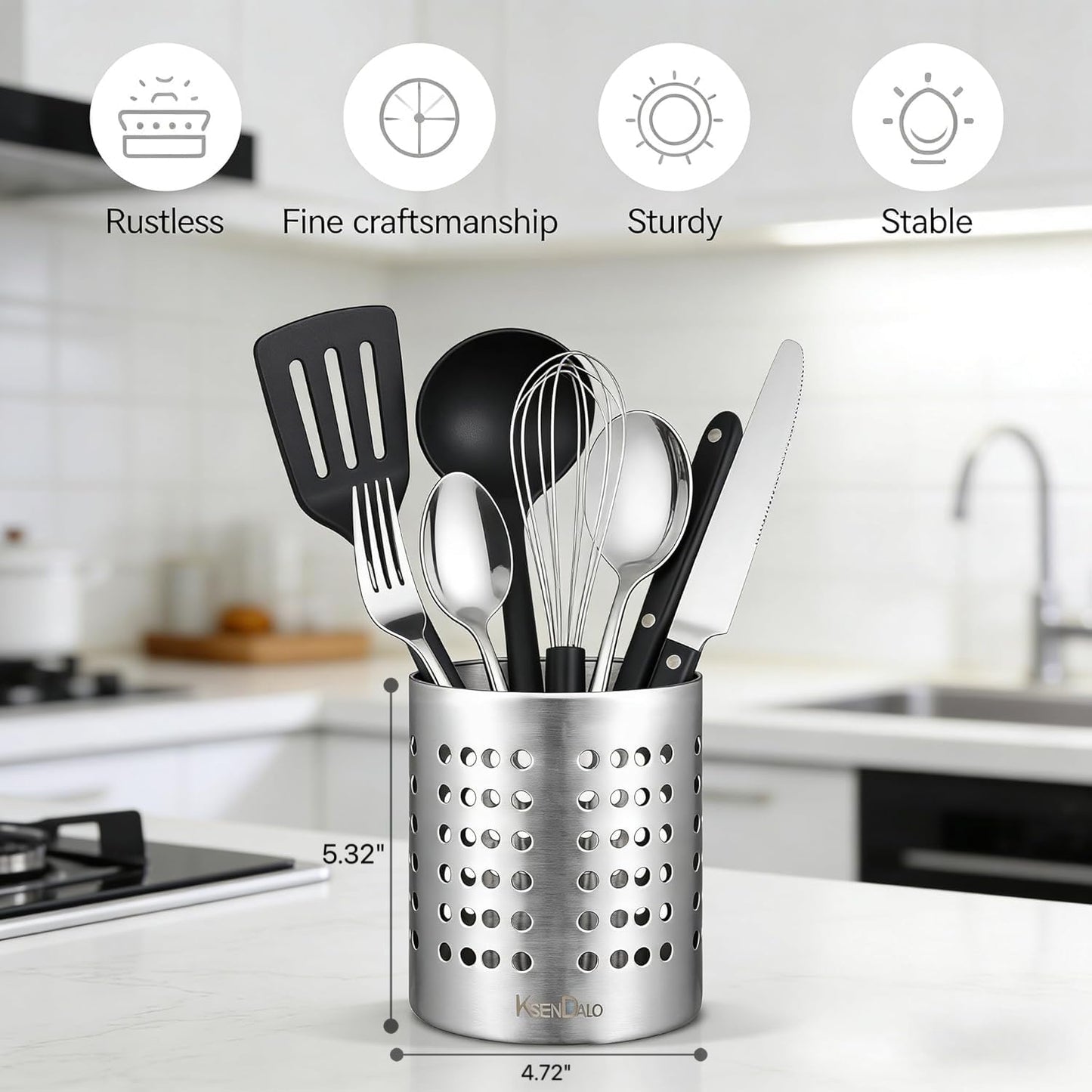 KSENDALO Small Stainless Steel Utensil Holder, SUS304 Silverware Utensil Drying Rack, Utility Sturdy Home Kitchen Daily Use Utensil Drainer for Countertop, Silver (5.32inch Tall)