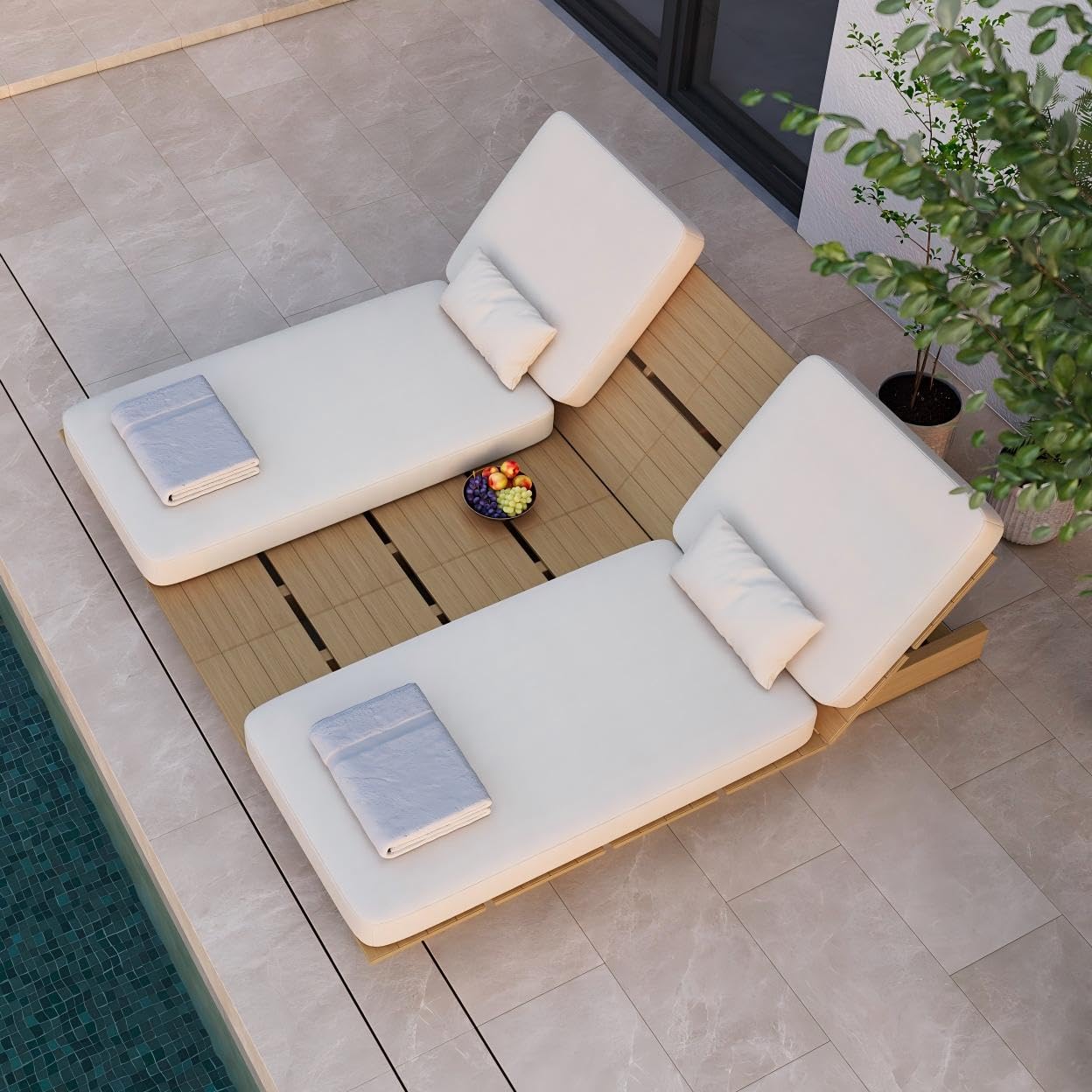 Acanva Set of 2 Patio Chaise Lounge Chair Outdoor with Comfy Cushion, Aluminum Reclining Chairs with 5-Position Adjustable, for Poolside, Balcony, Yard, Teak+Light Khaki, 2 pcs
