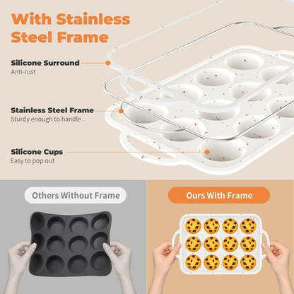 POSOSTO 2Pack Silicone Muffin Pan For Baking With Metal Reinforced Frame, 12 Cup Regular Size Nonstick Cupcake Pan, BPA Free Silicone Muffin Tray, Cupcake Baking Pan Molds for Oven