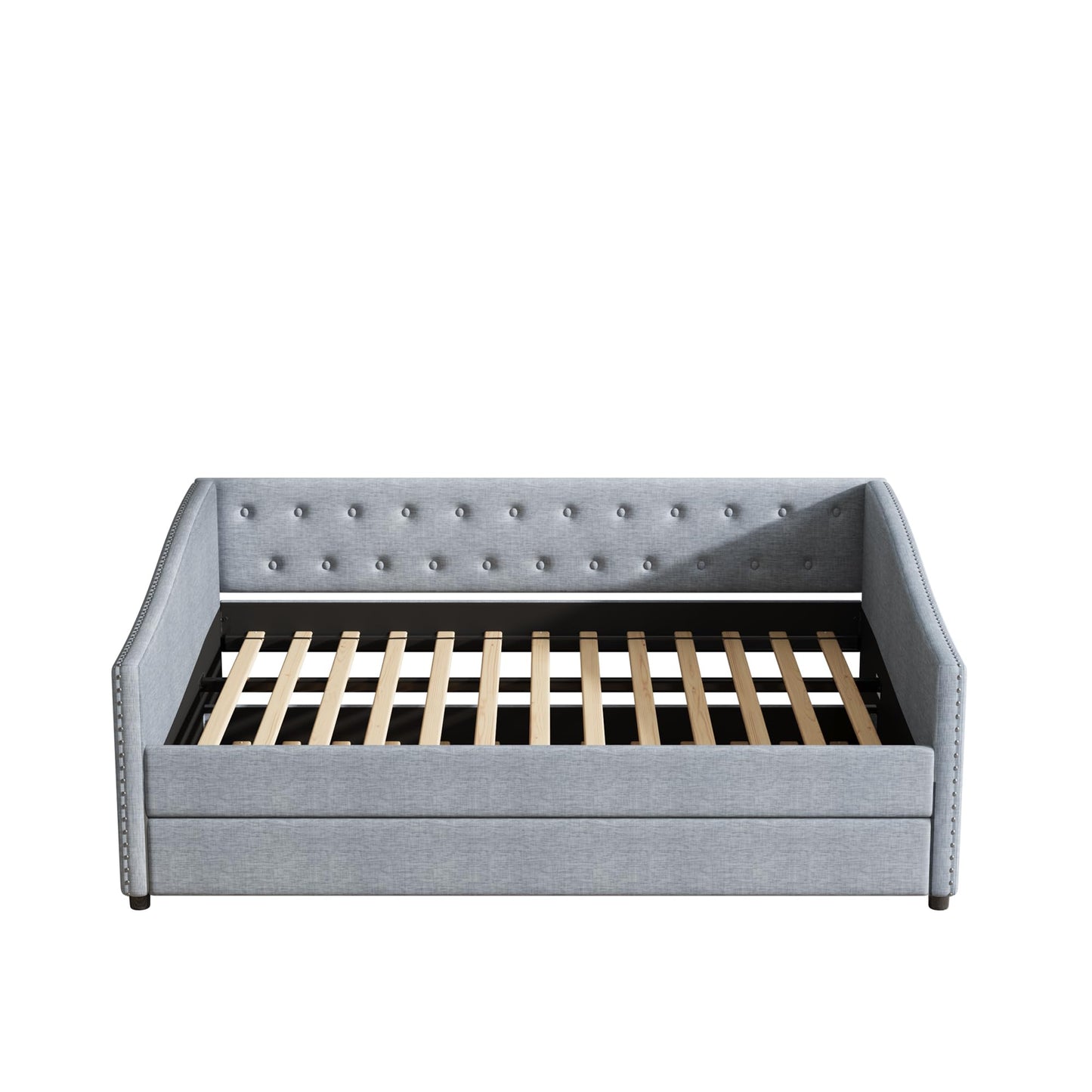 Ball & Cast Full Size Daybed with Twin Size Trundle,Upholstered Day Bed Frame w/Button Tufted Back and Wave Shape Arm for Bedroom, Guest Room,Apartment,Light Grey