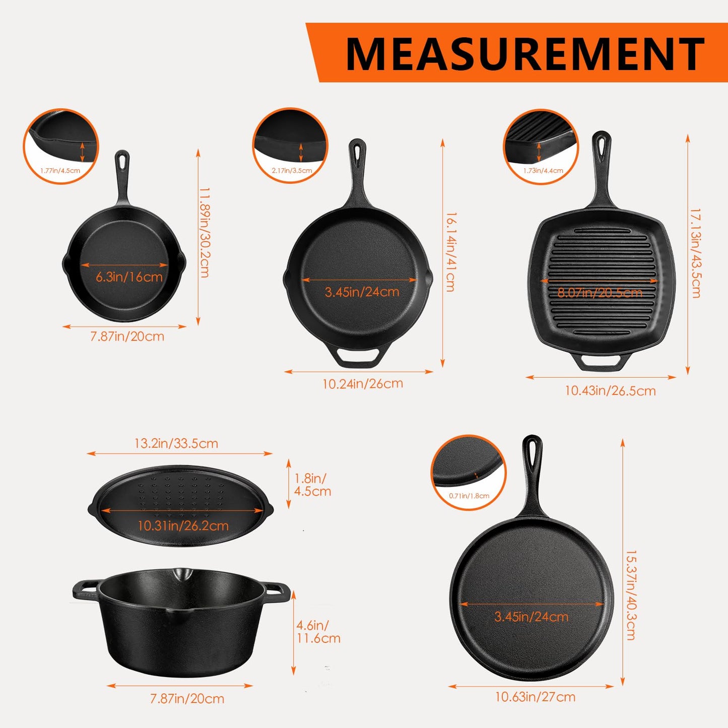 Asderote 6 Piece Pre-Seasoned Cast Iron Cookware Set – Incl. 5QT Dutch Oven with Lid, 8'' and 10.25'' Cast Iron Skillets, 10.5'' Round Griddle, and a Square Grill Pan for Kitchen, Stovetop, & Camping