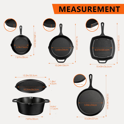Asderote 6 Piece Pre-Seasoned Cast Iron Cookware Set – Incl. 5QT Dutch Oven with Lid, 8'' and 10.25'' Cast Iron Skillets, 10.5'' Round Griddle, and a Square Grill Pan for Kitchen, Stovetop, & Camping