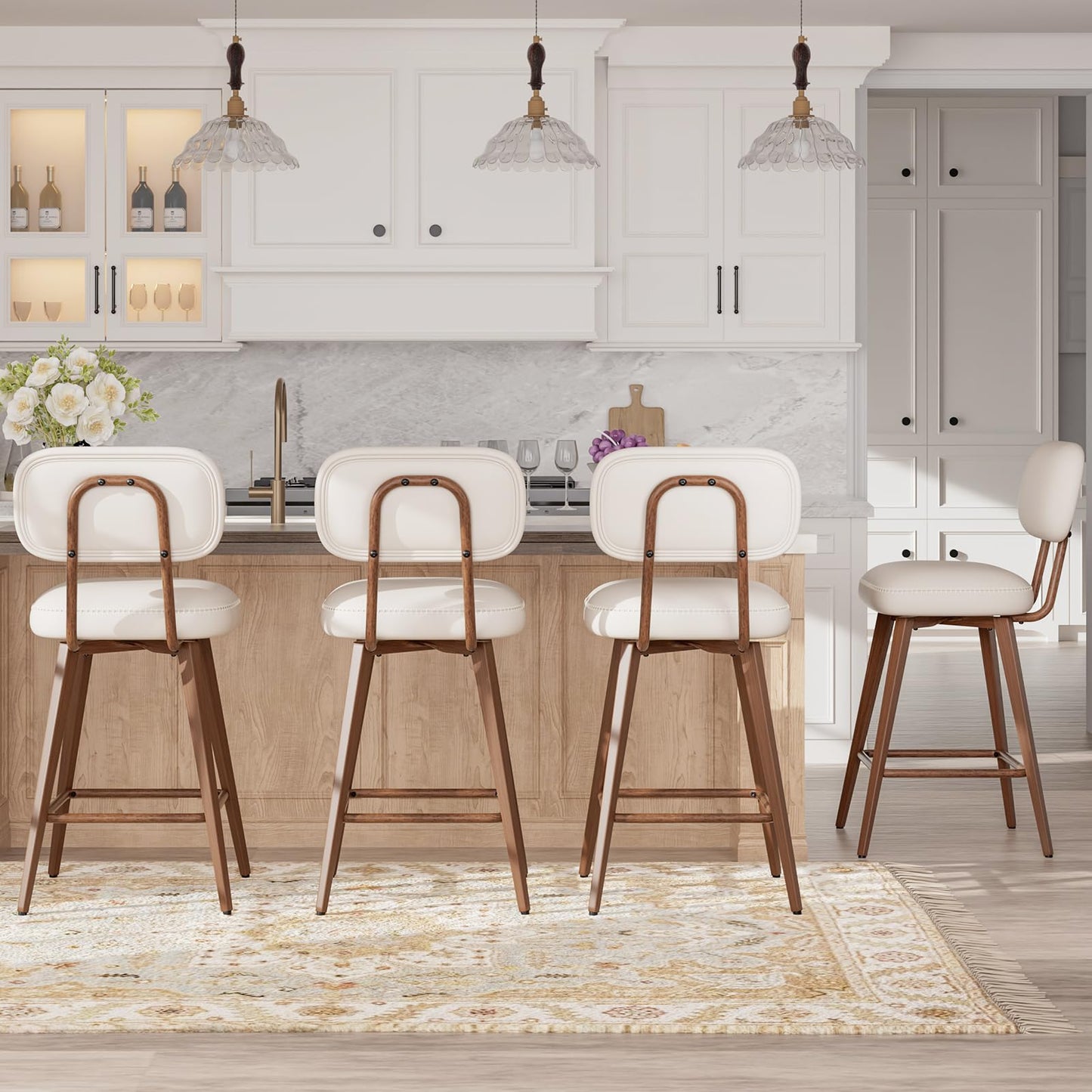 MALOL 26“ Swivel Bar Stools Set of 4, Mid Century PU Leather Counter Height Bar Chairs with Low Back and Metal Legs, Modern Bar Stool Chair for Kitchen Island, Beige
