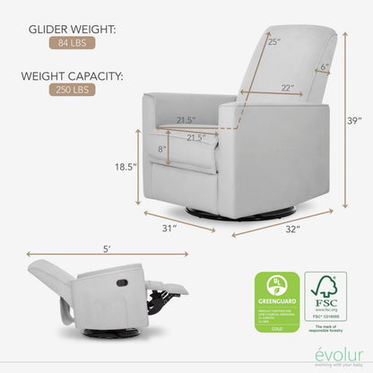 Evolur Raleigh Upholstered Manual Glider Recliner– Rocking & 360° Swivel with Smooth Glide – Greenguard Gold & FSC Certified – Modern Nursery and Living Room Chair in Grey