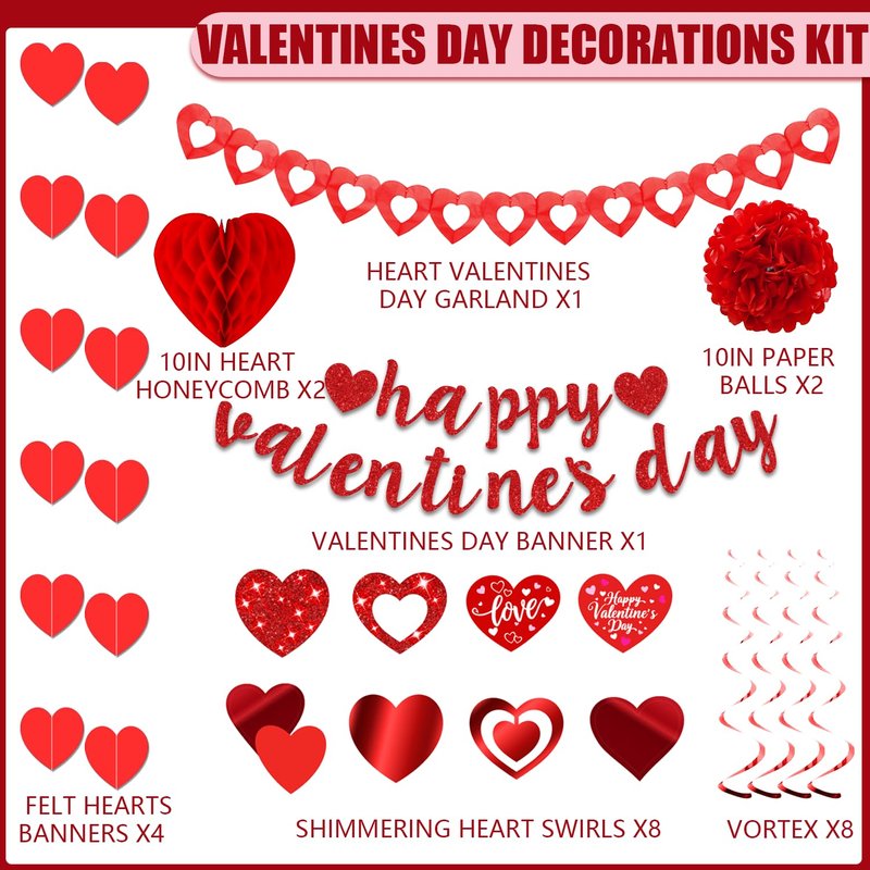 26Pcs Valentines Day Decorations Hanging Swirls Valentines Day Decorations Happy Valentine's Day Love Heart Garlands Banner Paper Honeycomb for Home Classroom Office Wedding Party Anniversary